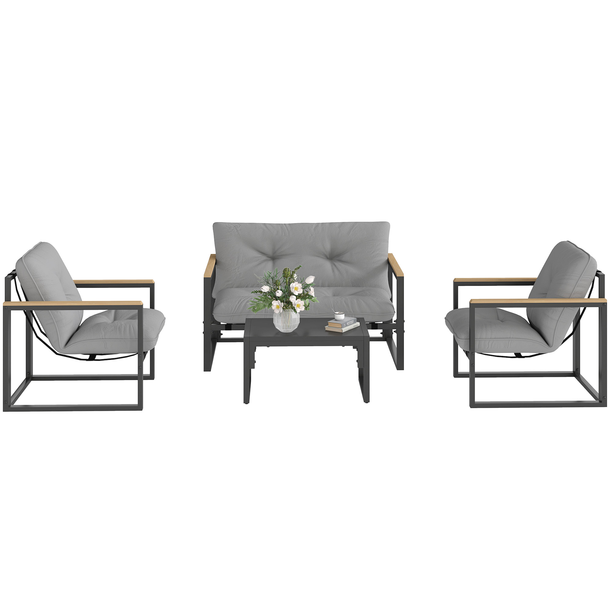 Gartenmöbel Set 4 Personen wetterfest Balkonmöbel-Set mit 2er Sofa, Sessel Sitzkissen Hellgrau