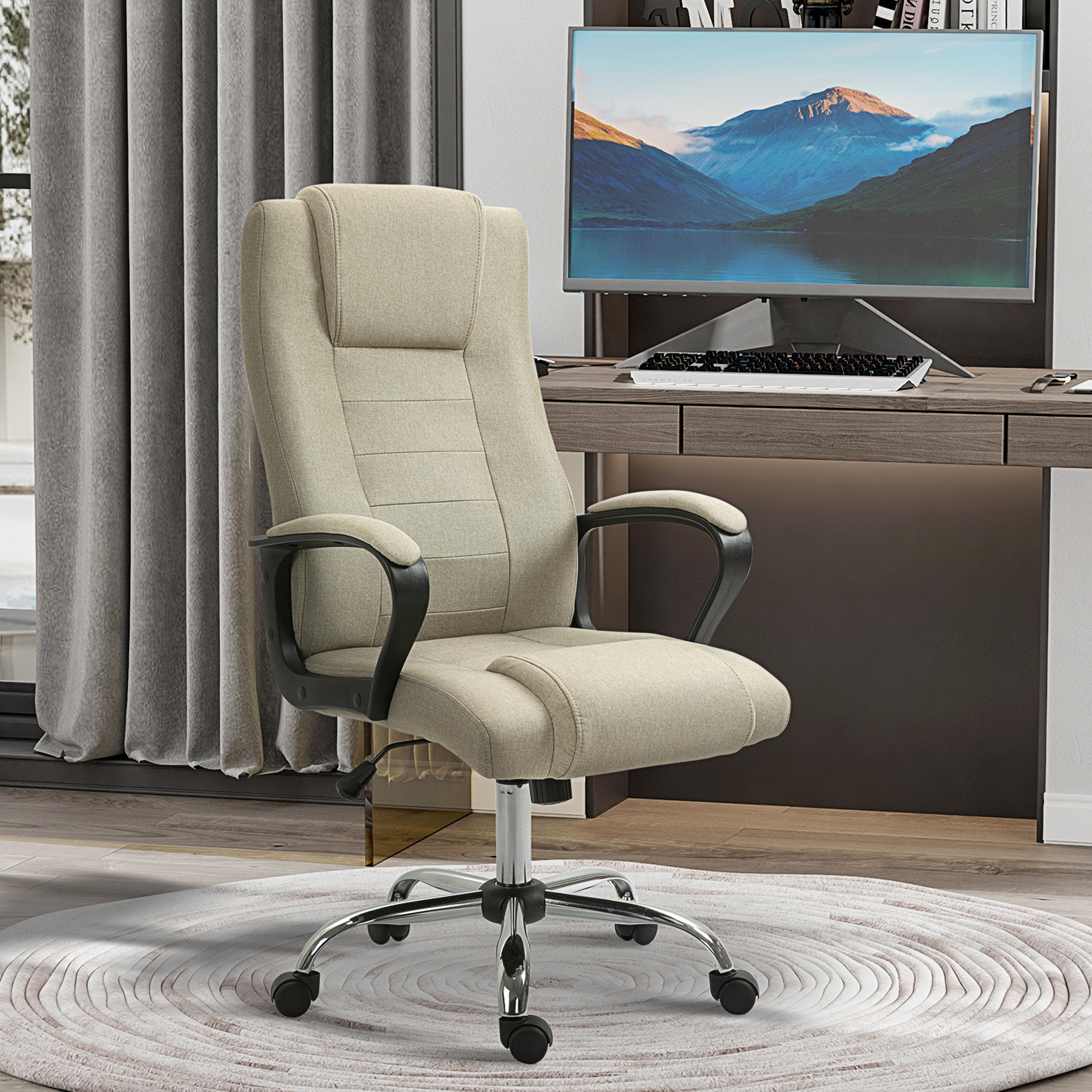 Bürostuhl in Leinenoptik, höhenverstellbar, Wippfunktion, 5 Rollen, Beige
