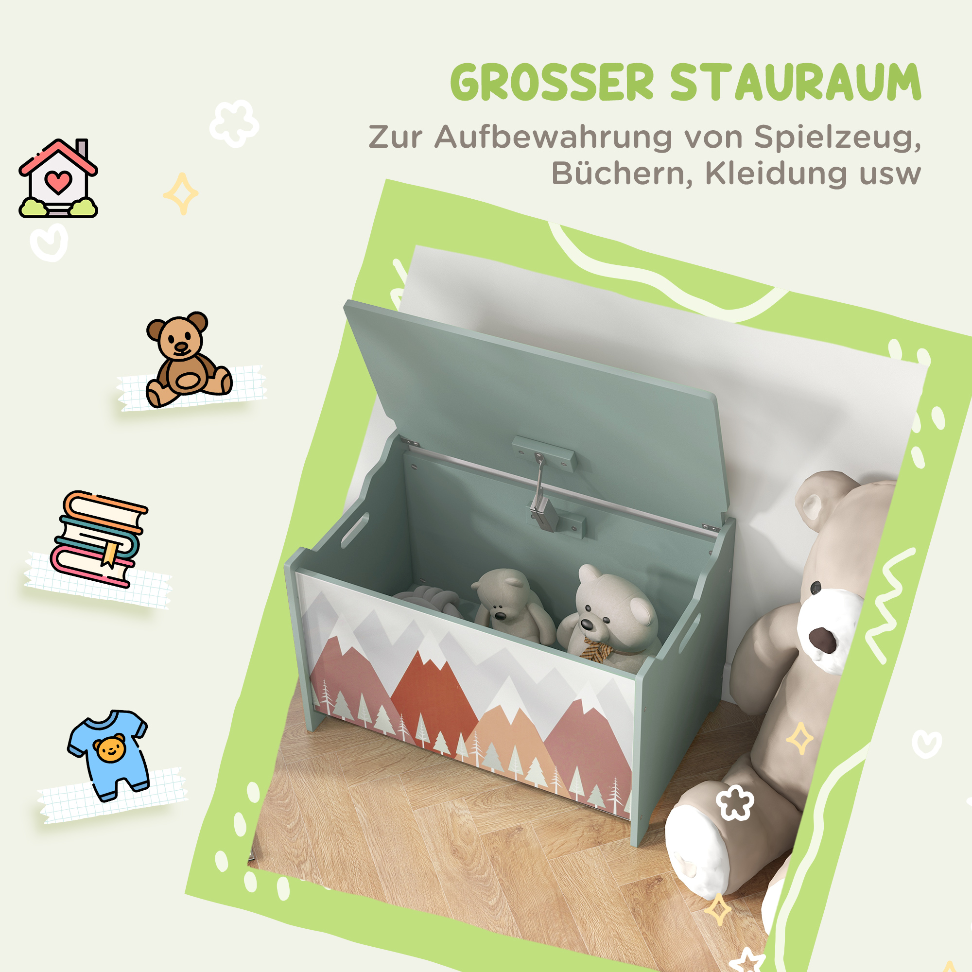 Aufbewahrungskiste, Spielzeugtruhe, Klappdeckel, niedliches Motiv, Grün