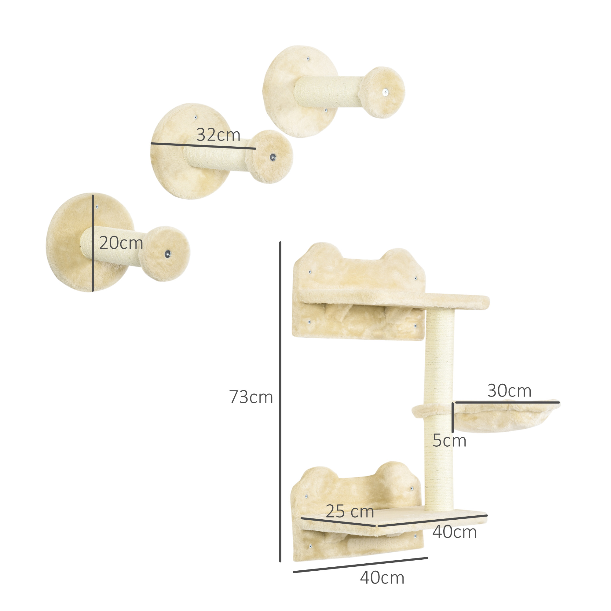 Kletterstufen, Kletterwand, Katzentreppe, 4-tlg. Set, mit Kratzbaum, Hängematte, beige+cremeweiß, 40 x 28 x 73cm