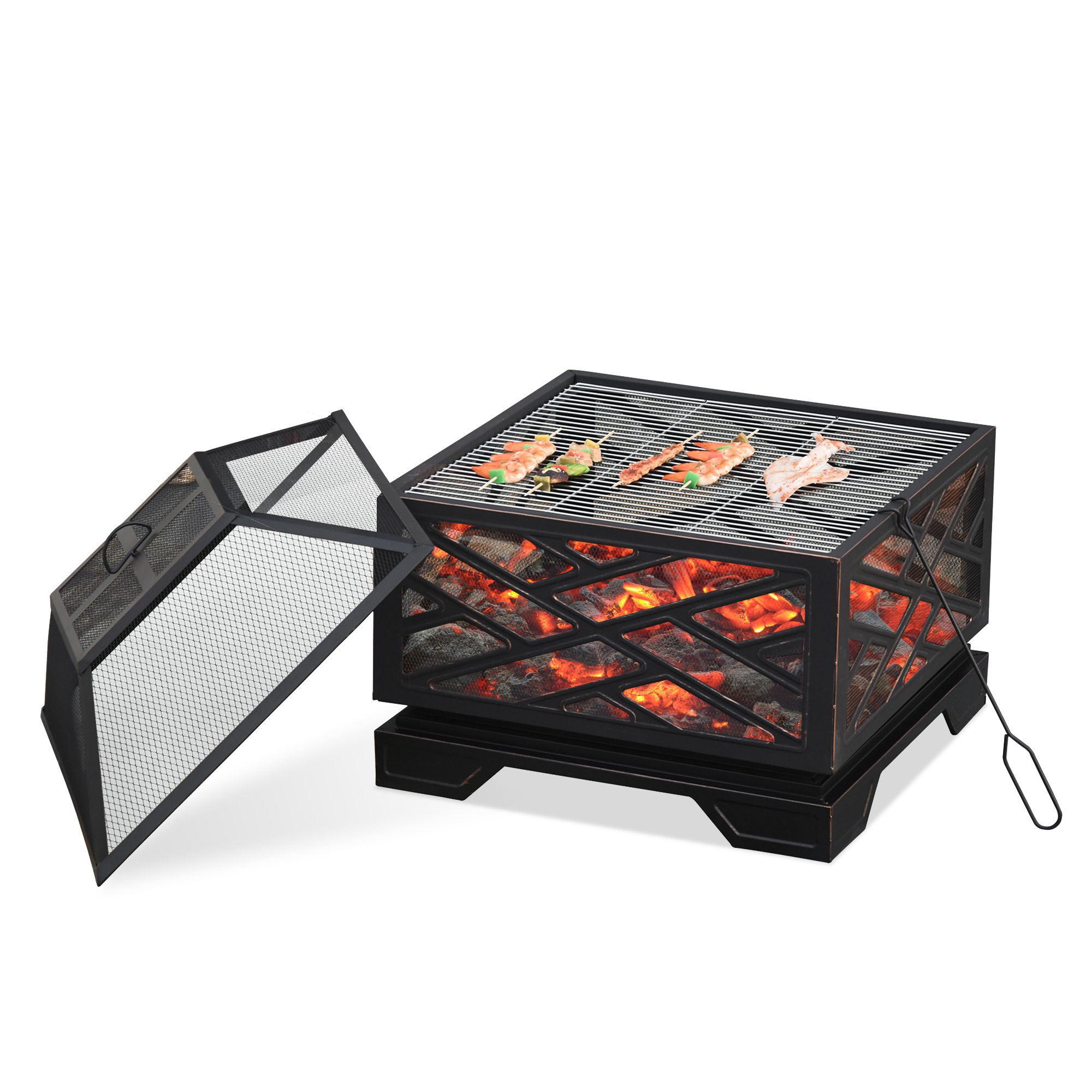 Feuerschale mit Funkenschutz, Grillrost, Schürhaken, quadratisch, Stahlgehäuse, schwarz, 66 x 66 cm