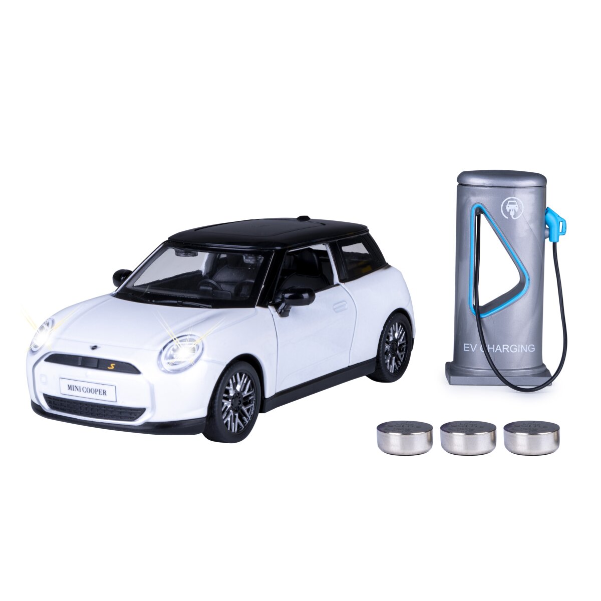 BMW Mini Cooper Diecast 1:28 weiß inkl. Knopfzellen