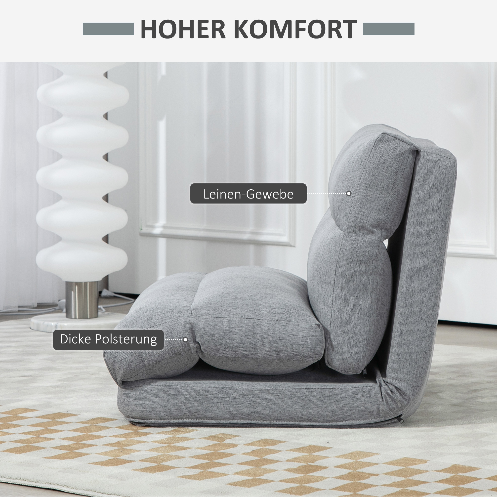 Sitzsack mit Bettfunktion, neigbare Lehne, klappbar, bis 120kg, 70 x 72 x 56 cm, Grau
