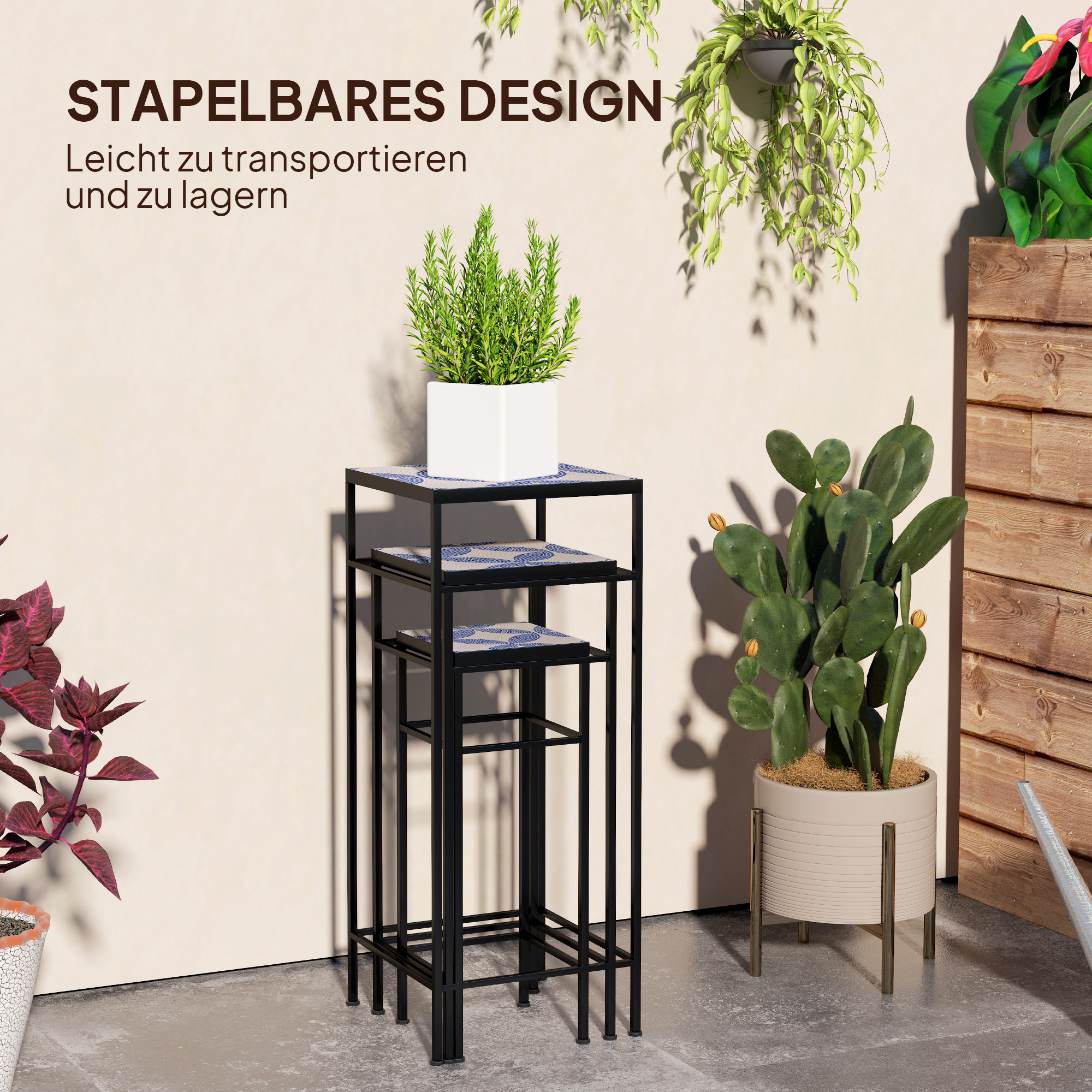 3er-Set Pflanzenständer, 3 verschieden große Gestelle zum Präsentieren von Blumen und anderen Gegenständen, Blau+Weiß