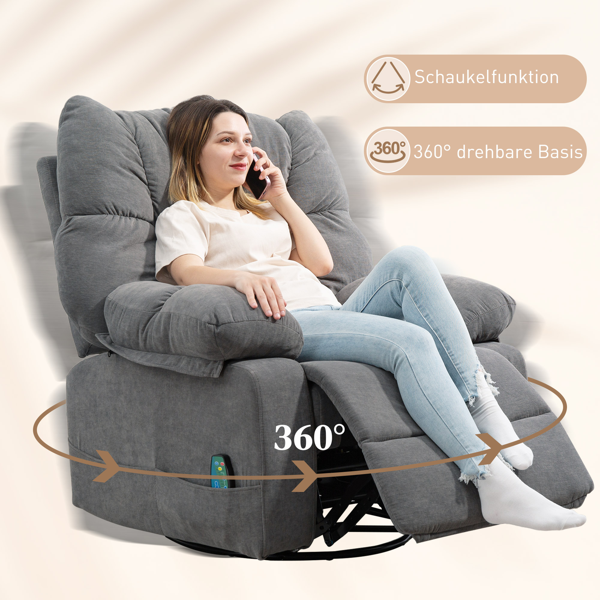 Relaxsessel mit Massagefunktion, Liegefunktion, Drehbarer Massagesessel, 4 Seitentaschen und Fernbedienung, Dunkelgrau