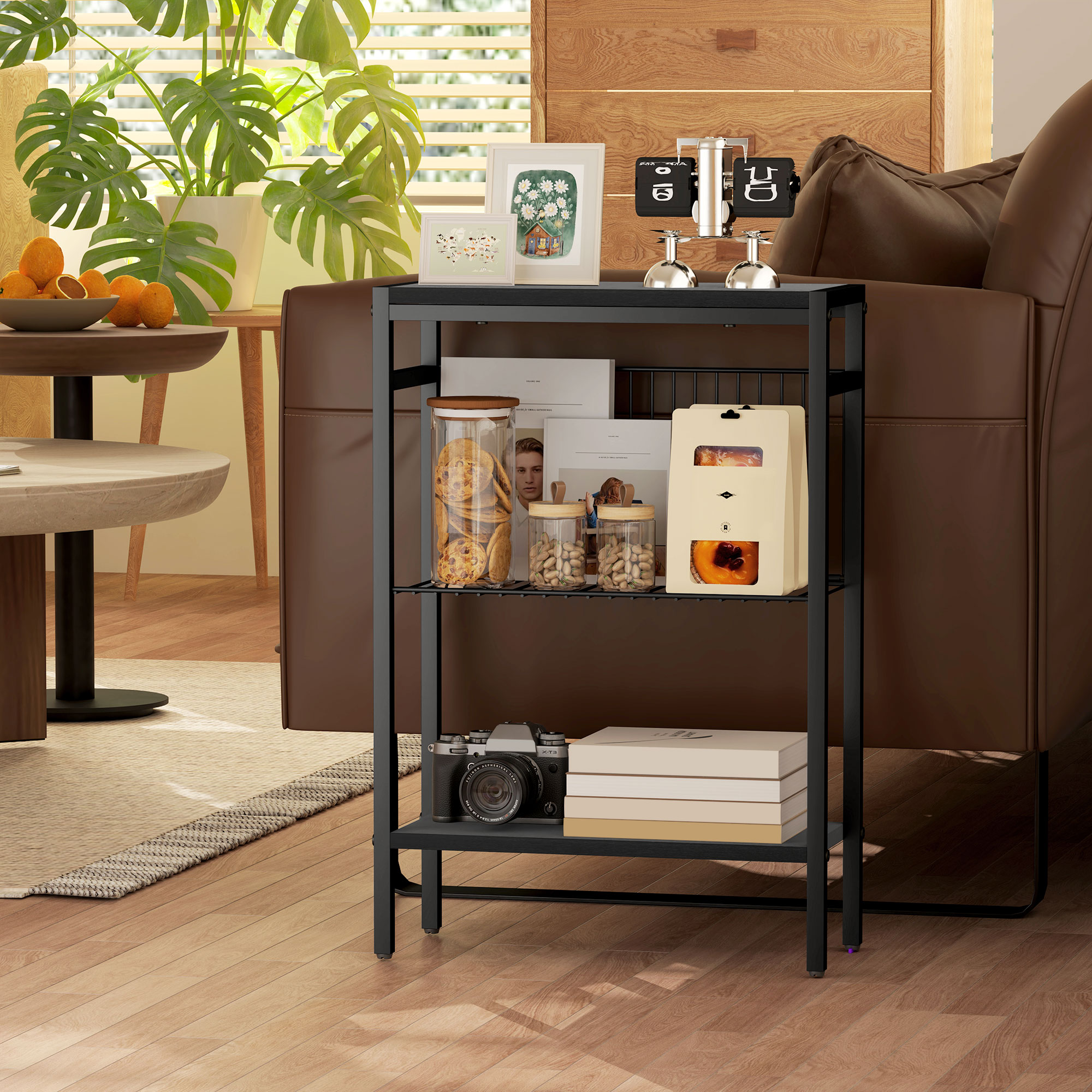 Beistelltisch, 3-stufiges Design, Regale in Holzoptik, Metallrahmen, Schwarz