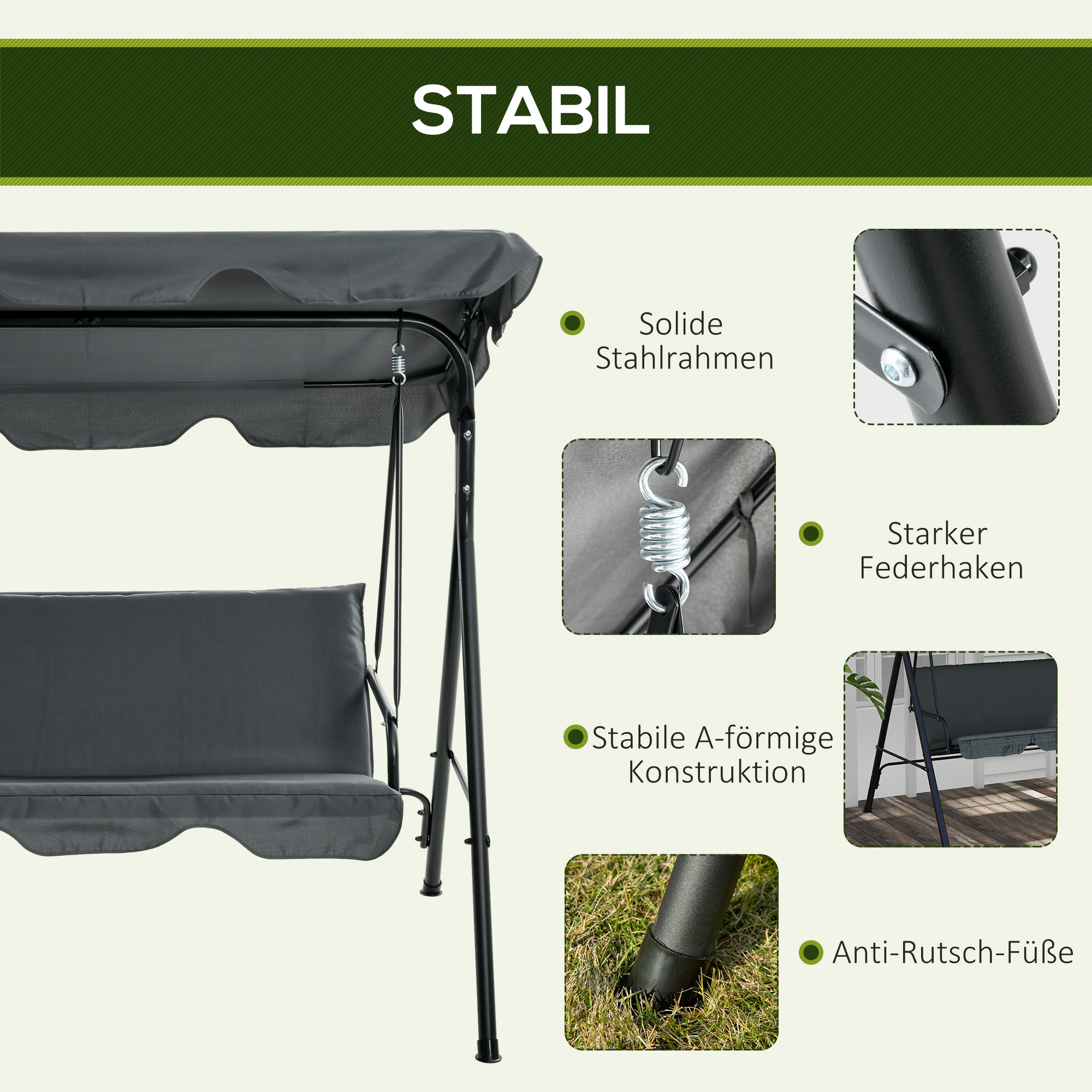 Hollywoodschaukel, Gartenschaukel, 3-Sitzer Schaukelbank mit Dach, Stahl, 172 x 110 x 153 cm, Grau