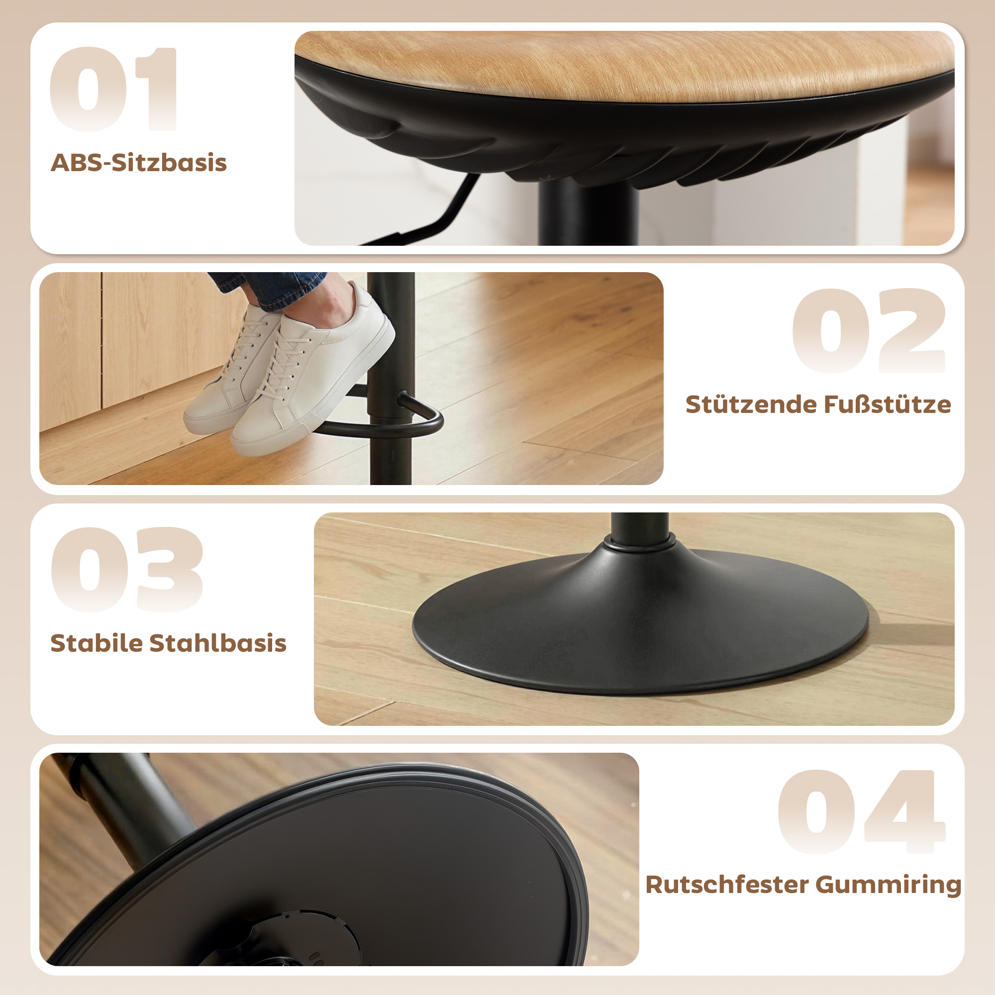 Barhocker 2er Set Drehbar Barstuhl mit Fußstütze Höhenverstellbar Tresenhocker mit Holzoptik, für Küche, Eiche