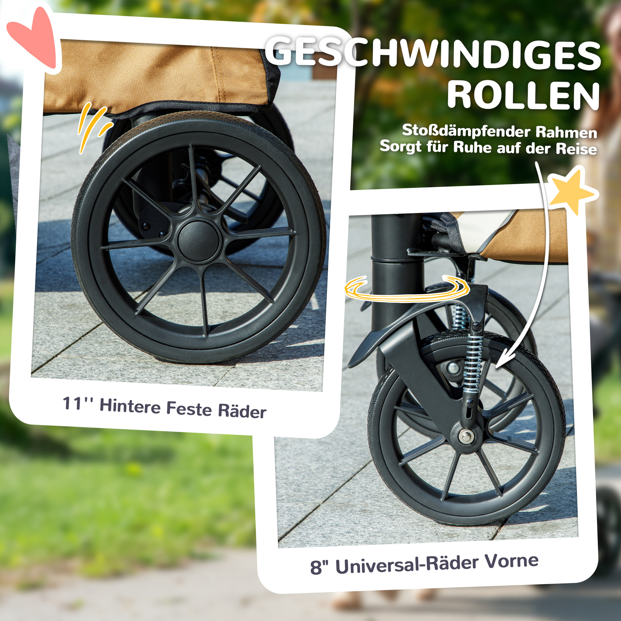 Hundewagen, Faltbarer Hundebuggy für große Hunde, Haustierwagen mit 4 Rädern, Sicherheitsleinen, Bremsen, Braun