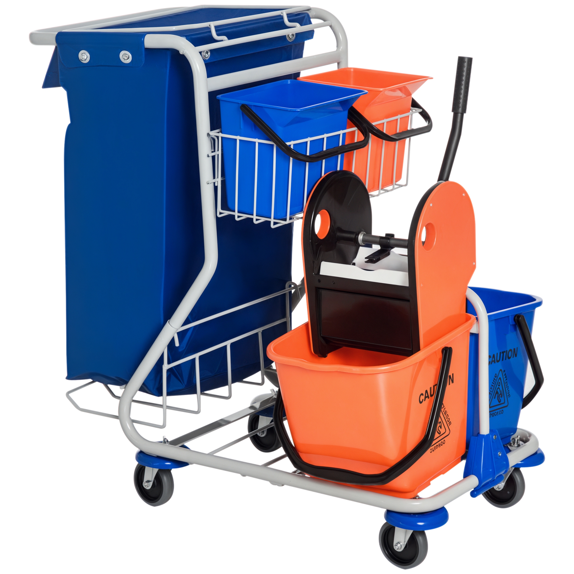 Putzwagen Reinigungswagen mit 2 x 18L & 2 x 6L Eimern Wischwagen Haushaltswagen mit Mopp-Presse, Aufbewahrungskorb, Blau Orange 93 x 80 x 97 cm