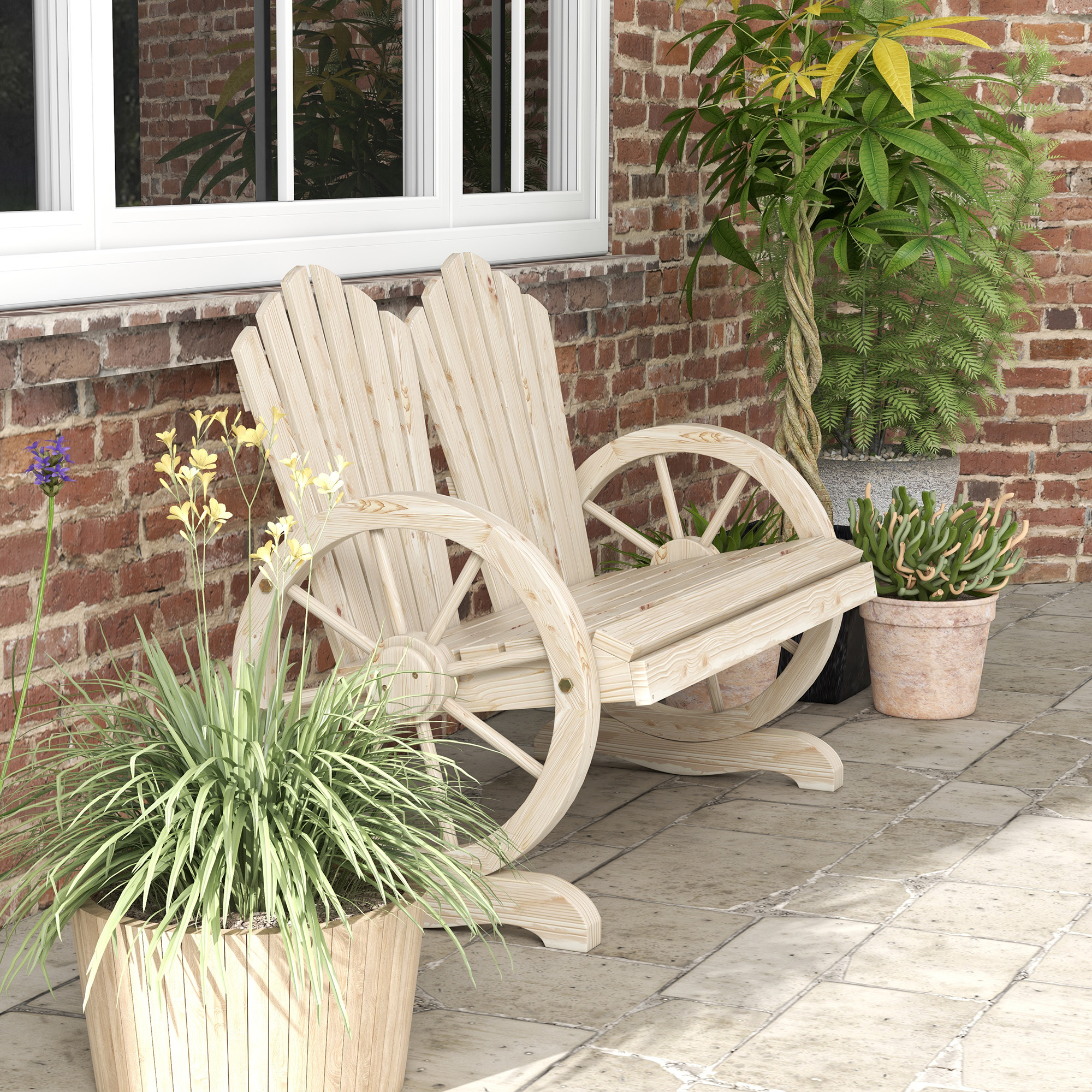 Gartenbank, Wagenrad-Design, für 2 Personen, Naturholz