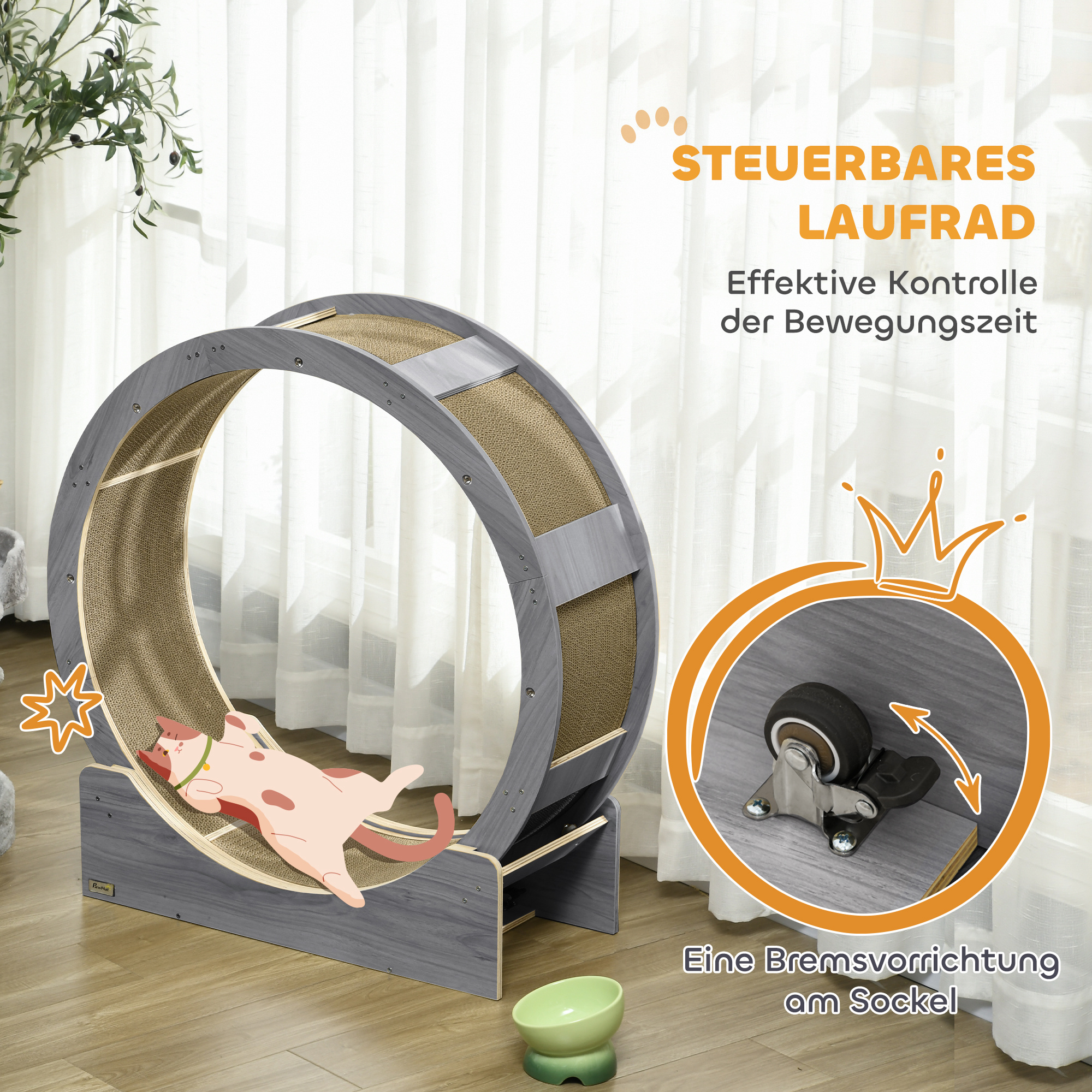 Katzenlaufrad, Laufrad für Katzen, 91 cm, mit Bremse, Kratzmatte, Katzenrad für gesunde Bewegung, Walnuss