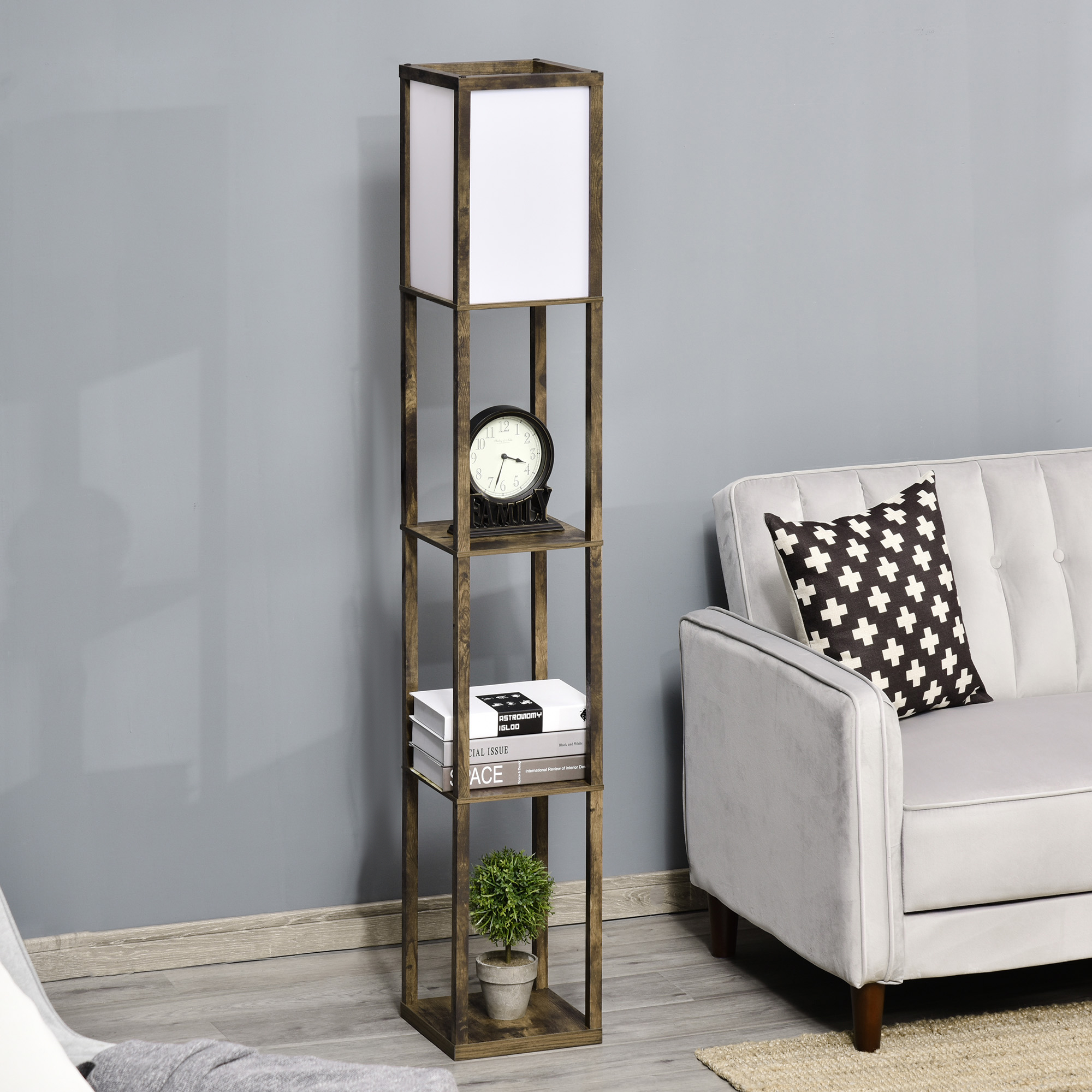 Stehlampe mit Regalen, Stehleuchte, Holz, 26 x 26 x 160 cm, für Wohn-/Schlafzimmer (Ohne Glühbirne)