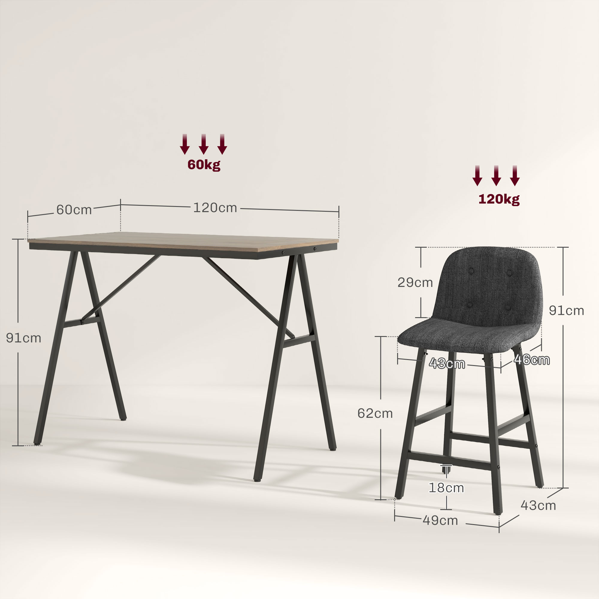 Bargarnitur 5-teilig, Tisch und 4 Stühle, Knopfheftung, dicke Polsterung, Leinenoptik, Dunkelgrau