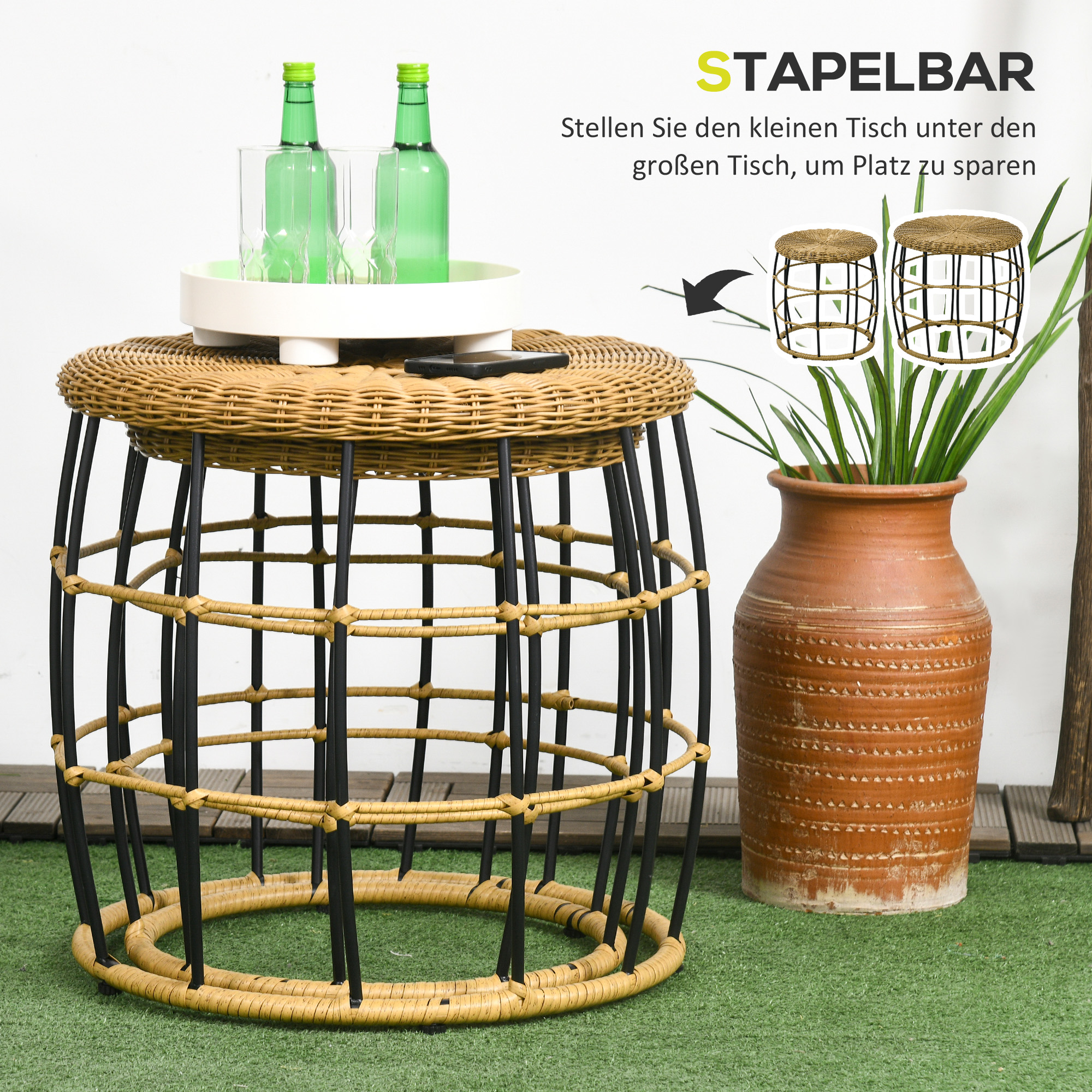 2er-Set Gartentische Balkontische, Boho-Stil, wetterbeständig, Schwarz + Khaki