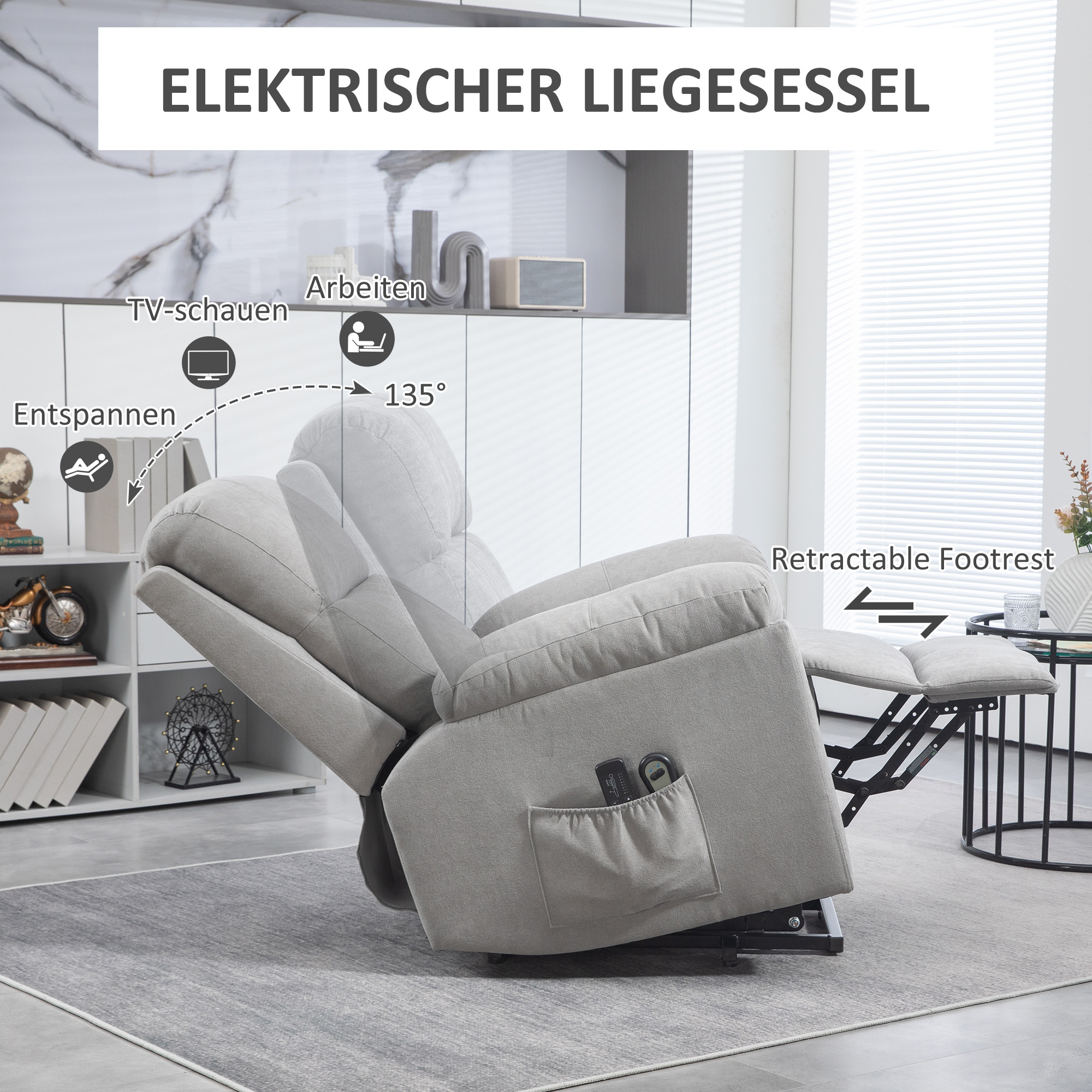 Sessel mit Massagefunktion und Aufstehhilfe, 8 Massagepunkte, 2 Seitentaschen, Fernbedienung, 89cm x 99cm x 103cm, Grau