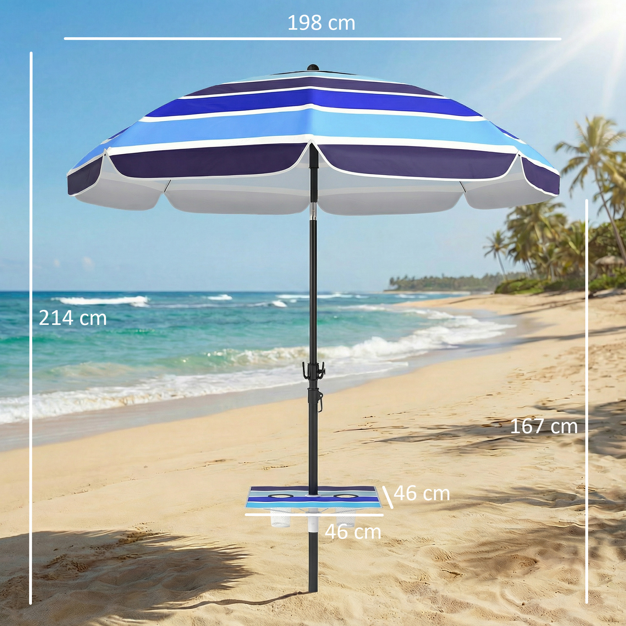 Sonnenschirm Strand Ø198 cm UV30+ Strandschirm mit klappbar Tisch Getränkehalter verstellbarer Neigung Mehrfarbig