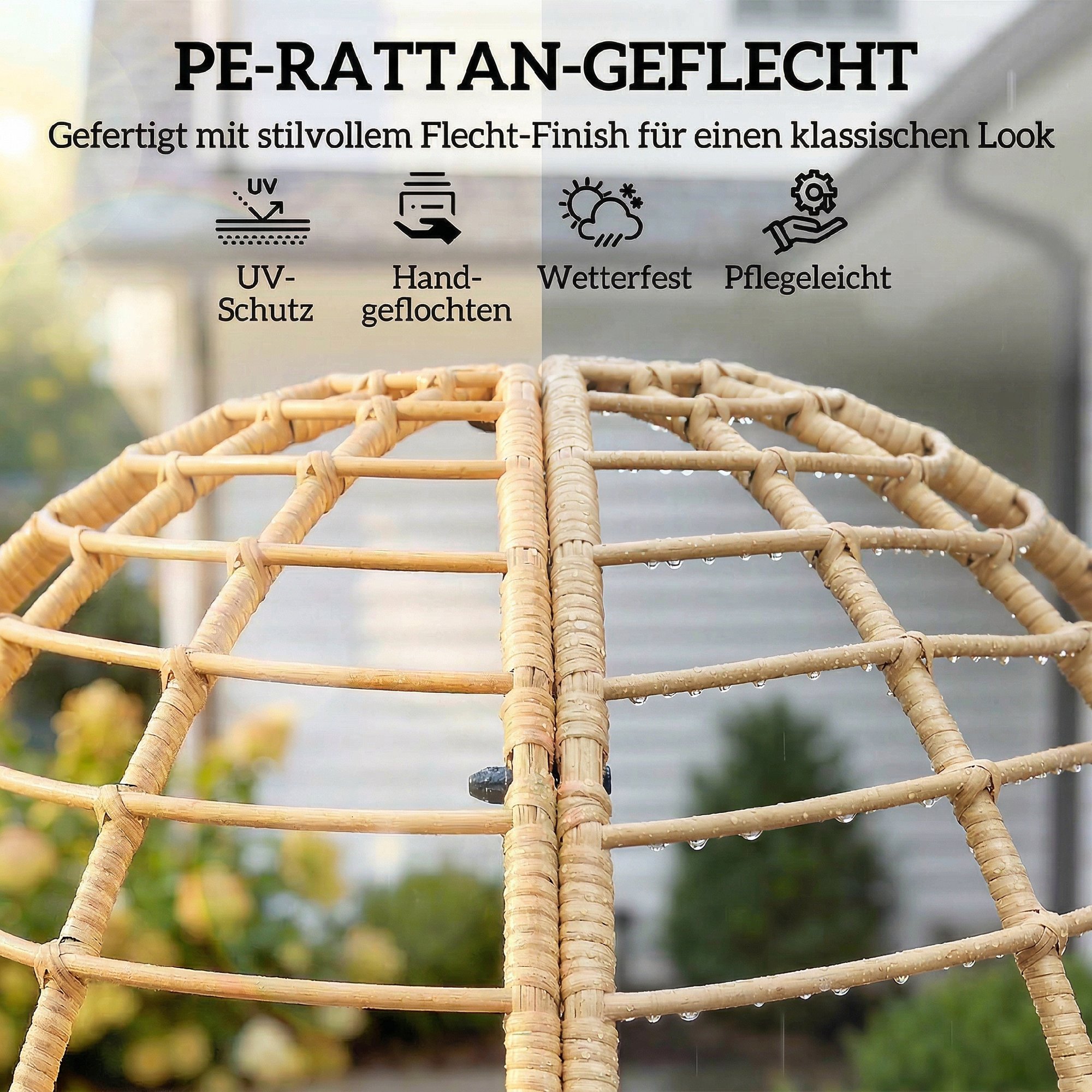 Gartensessel mit Hocker PE Rattan Ei-Form Korbsessel mit langen & dicken Kissen Metallrahmen Beige