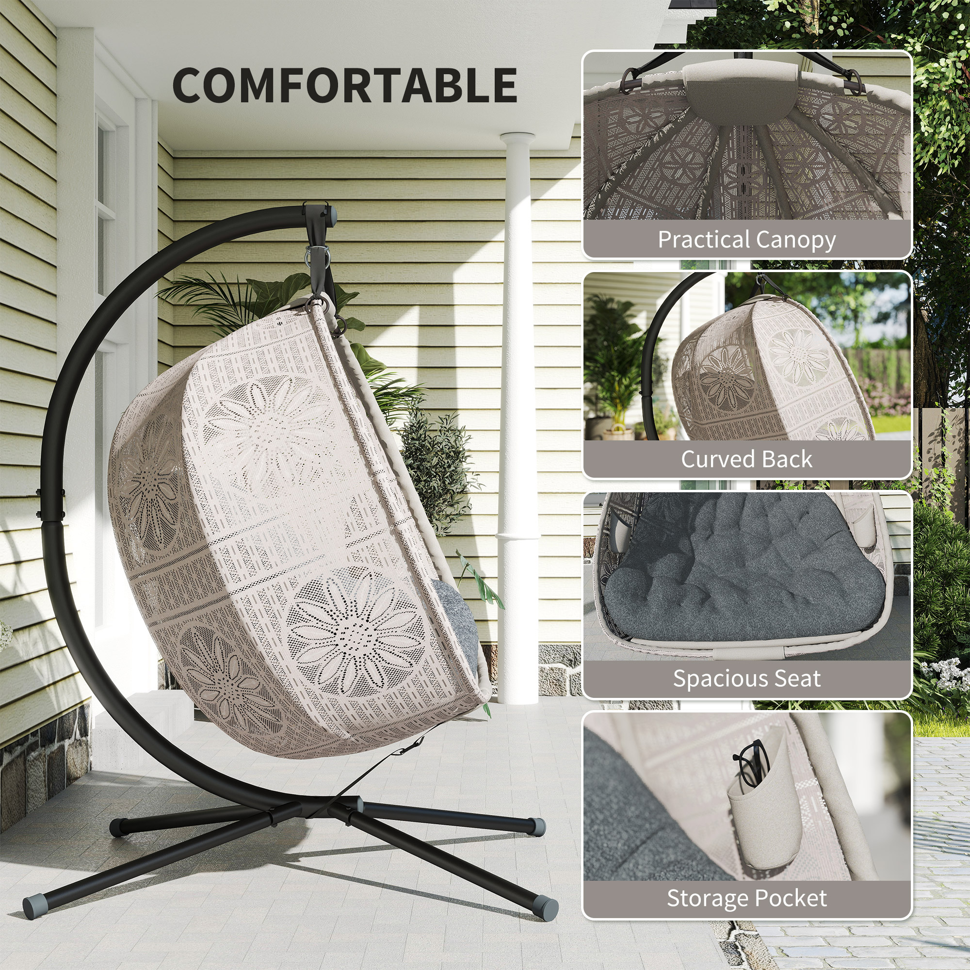 Hängesessel mit Gestell, Eiförmiger Hängeschaukel mit abnehmbarem waschbarem Kissen, Hängematte für 2 Personen, Schaukelsessel Indoor Outdoor, Sand+schwarz