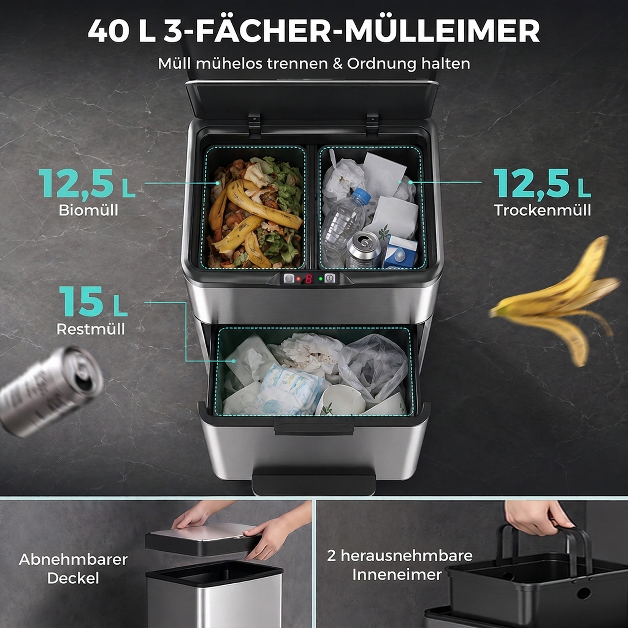 40L Sensormülleimer, 3 Fächer (2 x 12,5L + 15L), mit Soft-Close- & Offenhaltefunktion, Silber