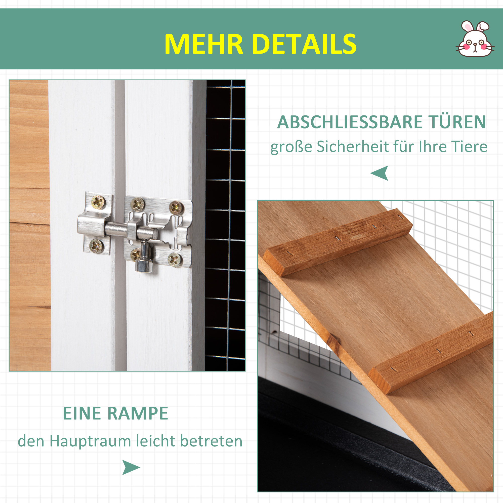Kleintierstall mit Freigehege inkl. Rampe Asphaltdach Tannenholz Schwarz + Weiß + Natur