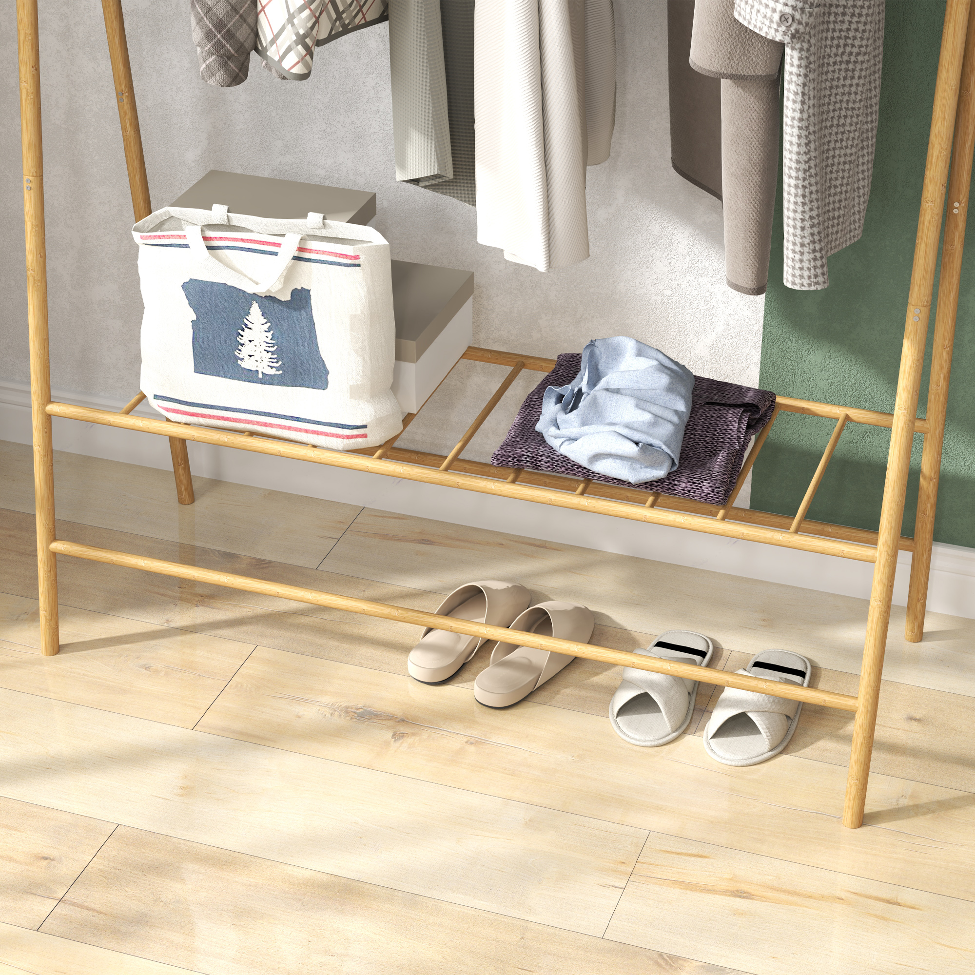 Bambus-Kleiderständer mit Schuhregal und Haken, freistehend, für Eingangsbereich, Schlafzimmer, Naturholz
