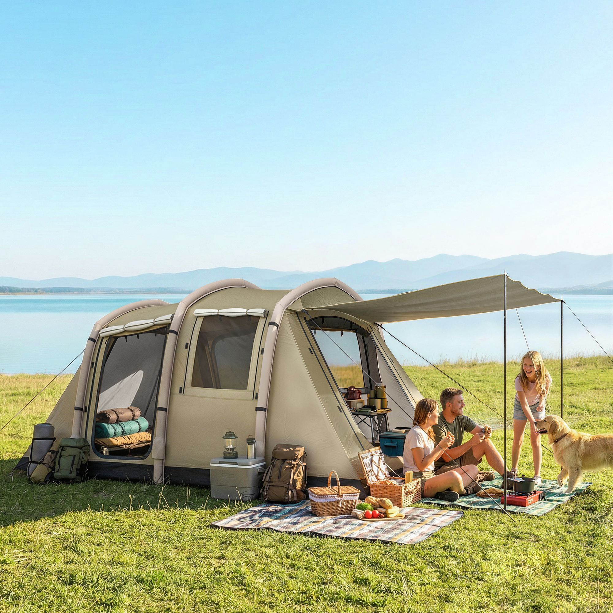 Aufblasbares Zelt 2-4 Personen Schneller Aufbau Outdoor Zelt für Camping mit Luftpumpe Mesh Fenster Heringen Vordach