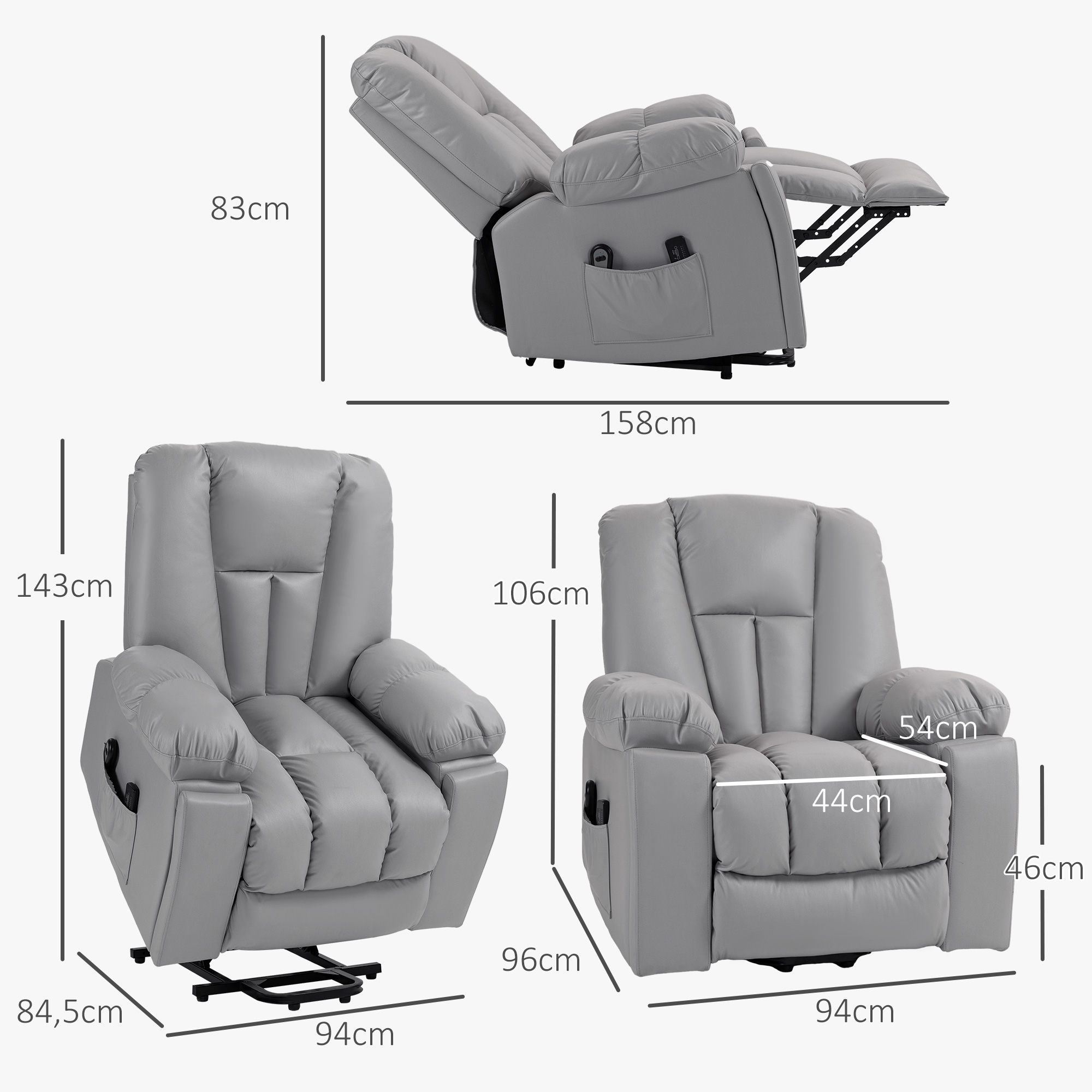 Massagesessel Relaxsessel Seniorensessel, Fernbedienung, Seitentaschen, 94 cm x 96 cm x 106 cm, Dunkelgrau