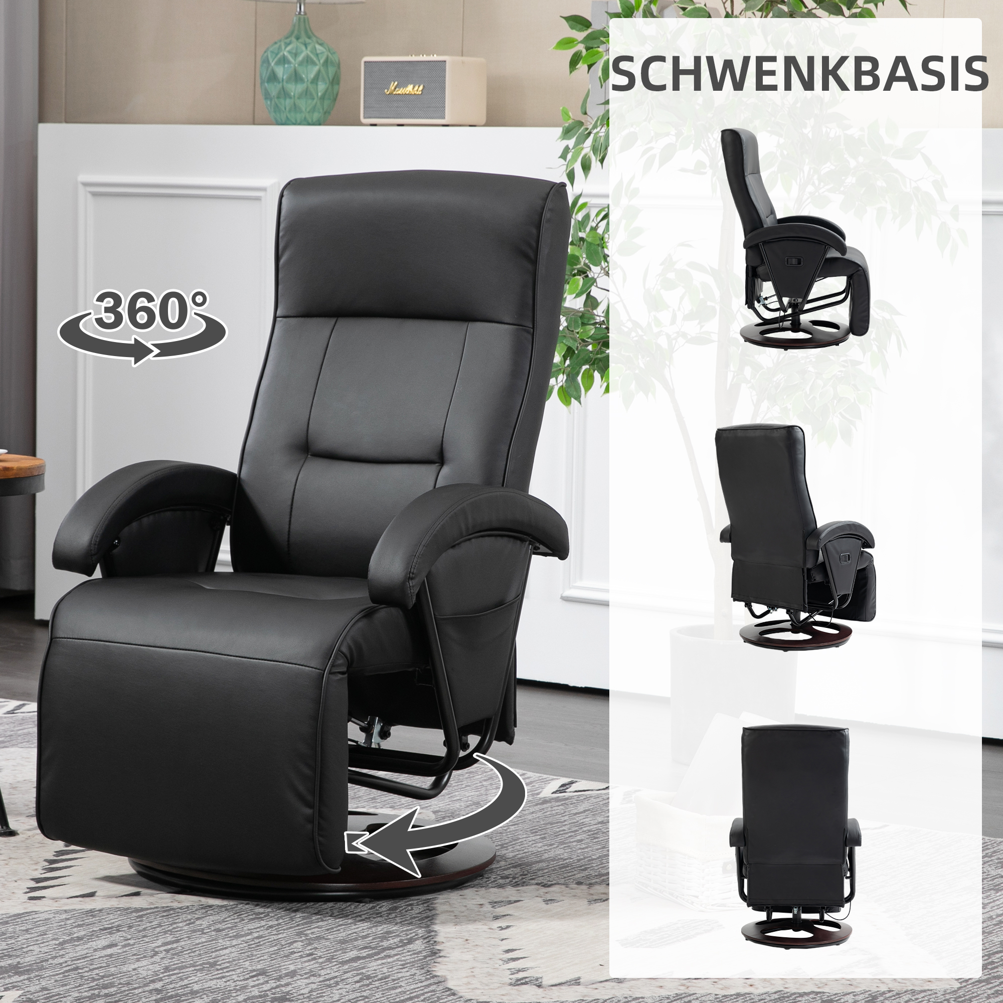 Drehbarer Polsterstuhl, Kunstleder, Fußstütze, Holzbasis, neigbar, Schwarz