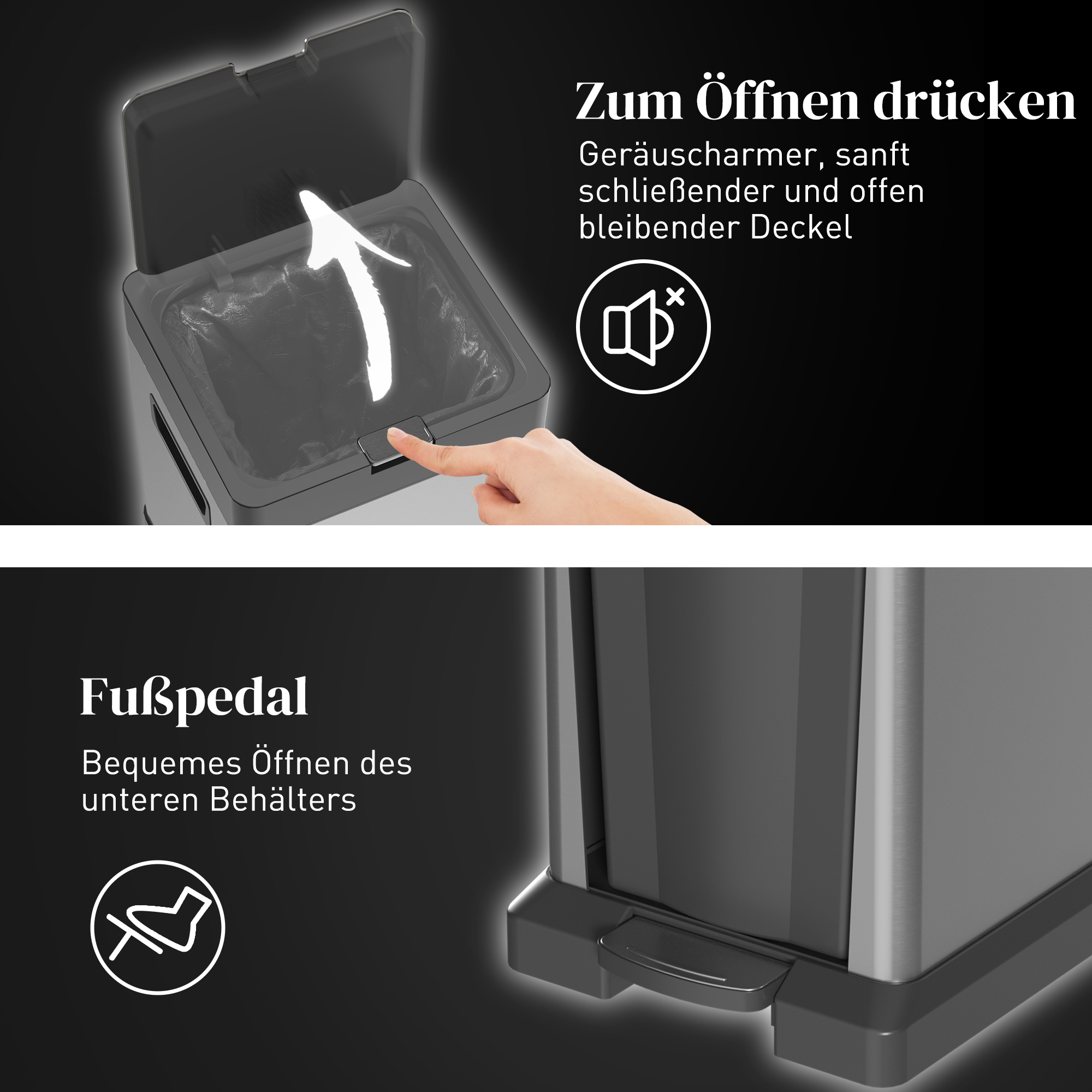 Mülleimer 20+14l Treteimer mit Deckel Fußpedal Kippfach herausnehmbare Inneneimer, Edelstahl 32,5 x 31,5 x 78 cm Silber