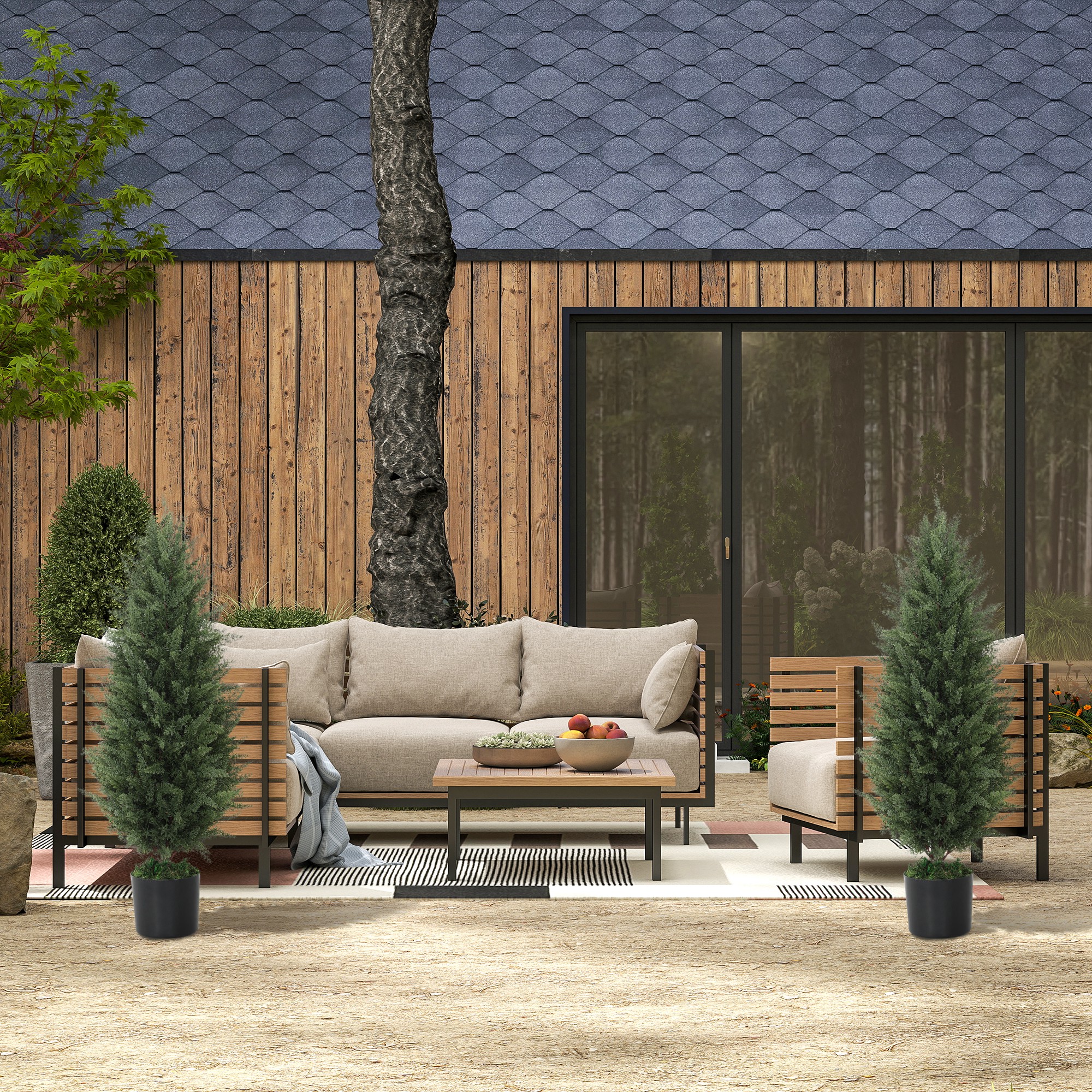 2er-Set Künstliche Zypressen, Kunstbäume mit 831 Blättern, mit Zementtopf, UV-beständig, Kunstpflanze, 90 cm, Grün