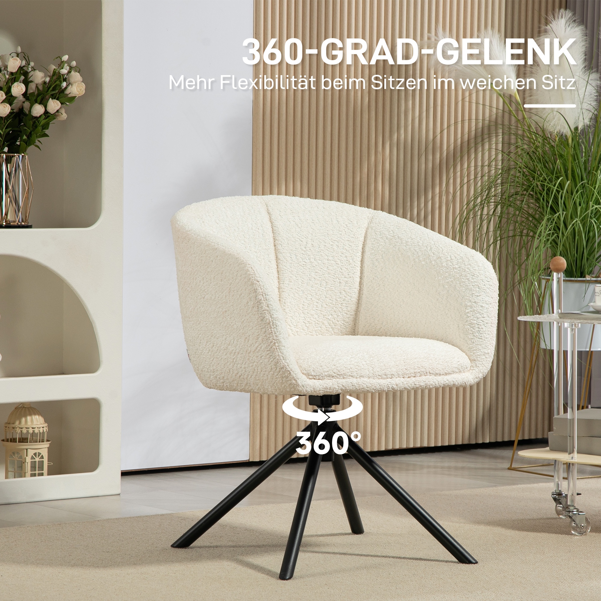 Sessel, Polsterstuhl mit bequemer Sitzschale, drehbar, kuscheliger Bezug, bis 120 kg, Cremeweiß