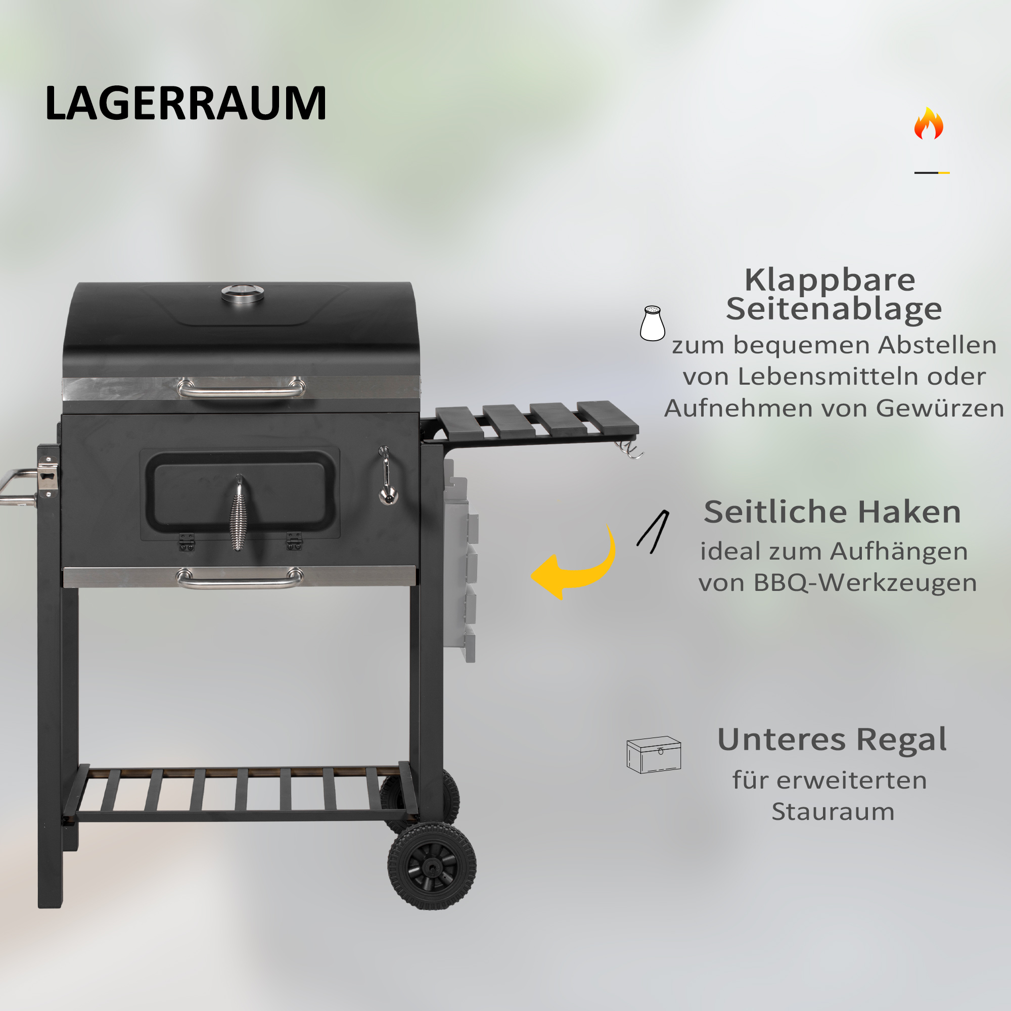 Holzkohlegrill Smoker BBQ-Smoker, 1 Ablage, 1 Handtuchhalter, 2 Grillroste, 113 cm x 65 cm x 108 cm, Schwarz