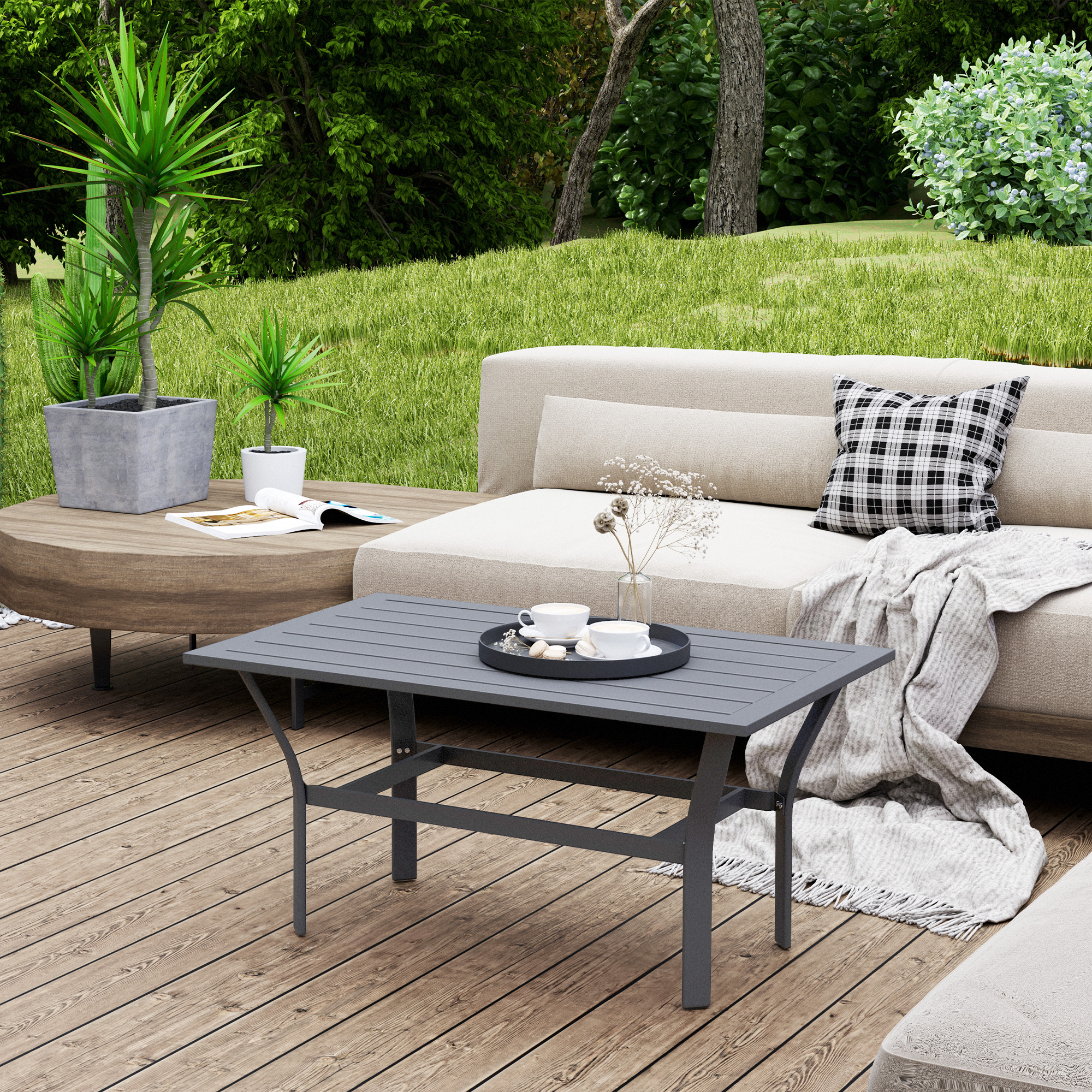 Beistelltisch Metall Balkontisch mit Lamellendesign wetterfest Kaffeetisch Gartentisch 91,5 x 55 x 45 cm Dunkelgrau