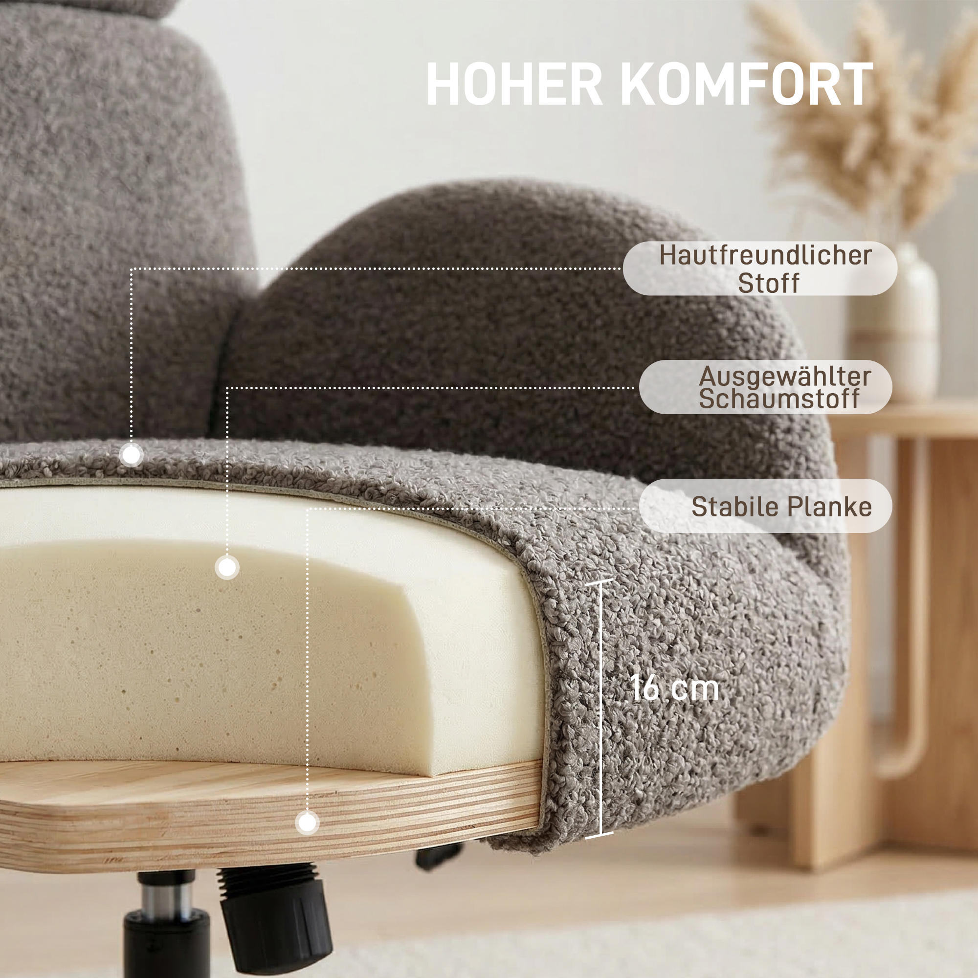 Drehbarer Sessel mit Fußhocker, höhenverstellbarer Akzentstuhl mit verstellbarer Kopfstütze, Schaukel-Funktion, Grau