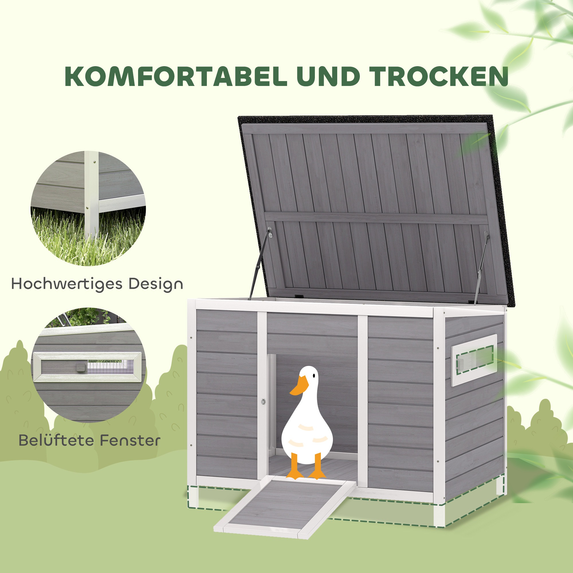 Entenstall wetterfest Entenhaus aus Holz mit herausnehmbar Boden Schiebefenster aufklappbar Asphaltdach 93x70x72cm Grau