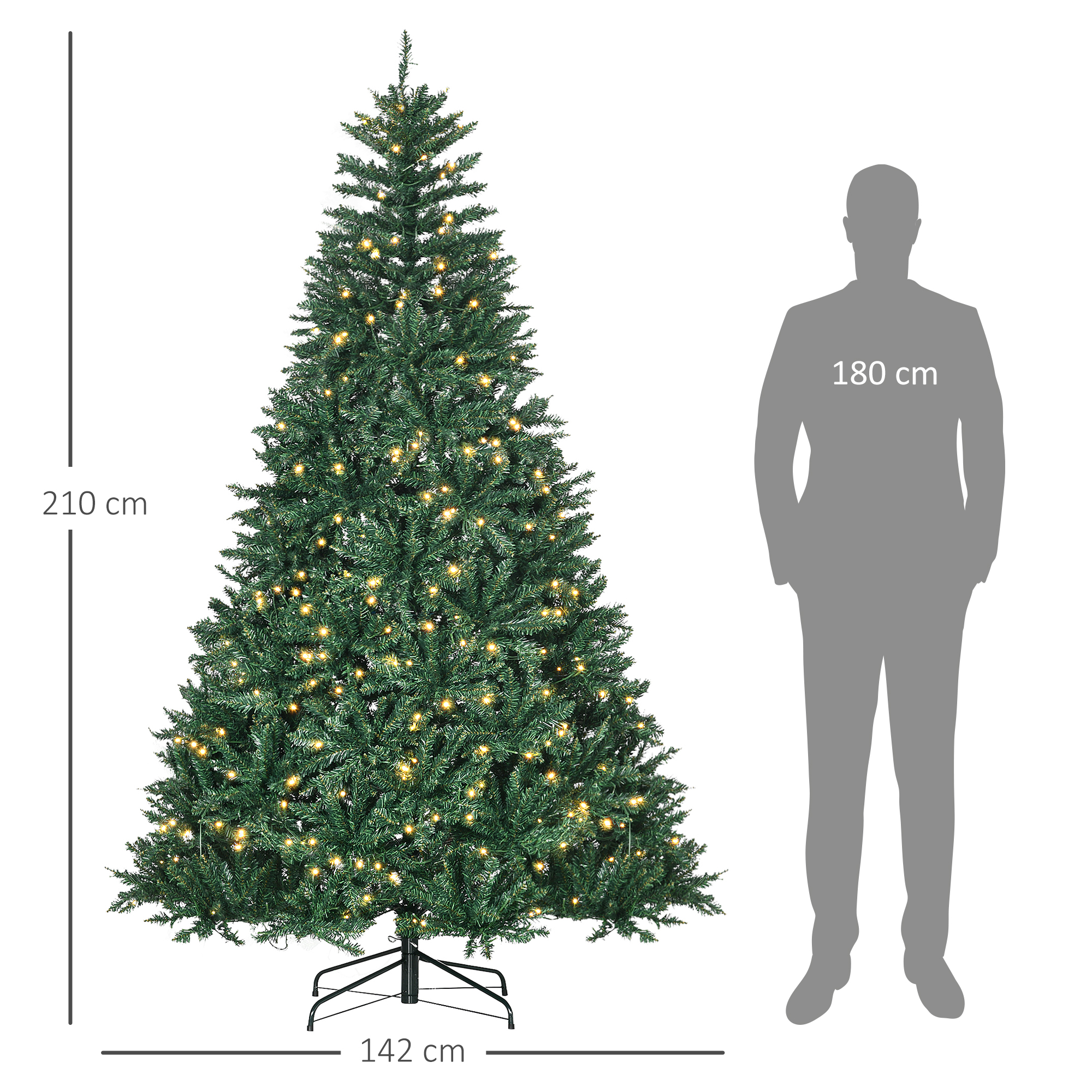 Weihnachtsbaum, 700 warmweiße LEDs, 2154 Zweige, flammhemmend, Kunststoff/Metall, 210 x 142 cm, Grün