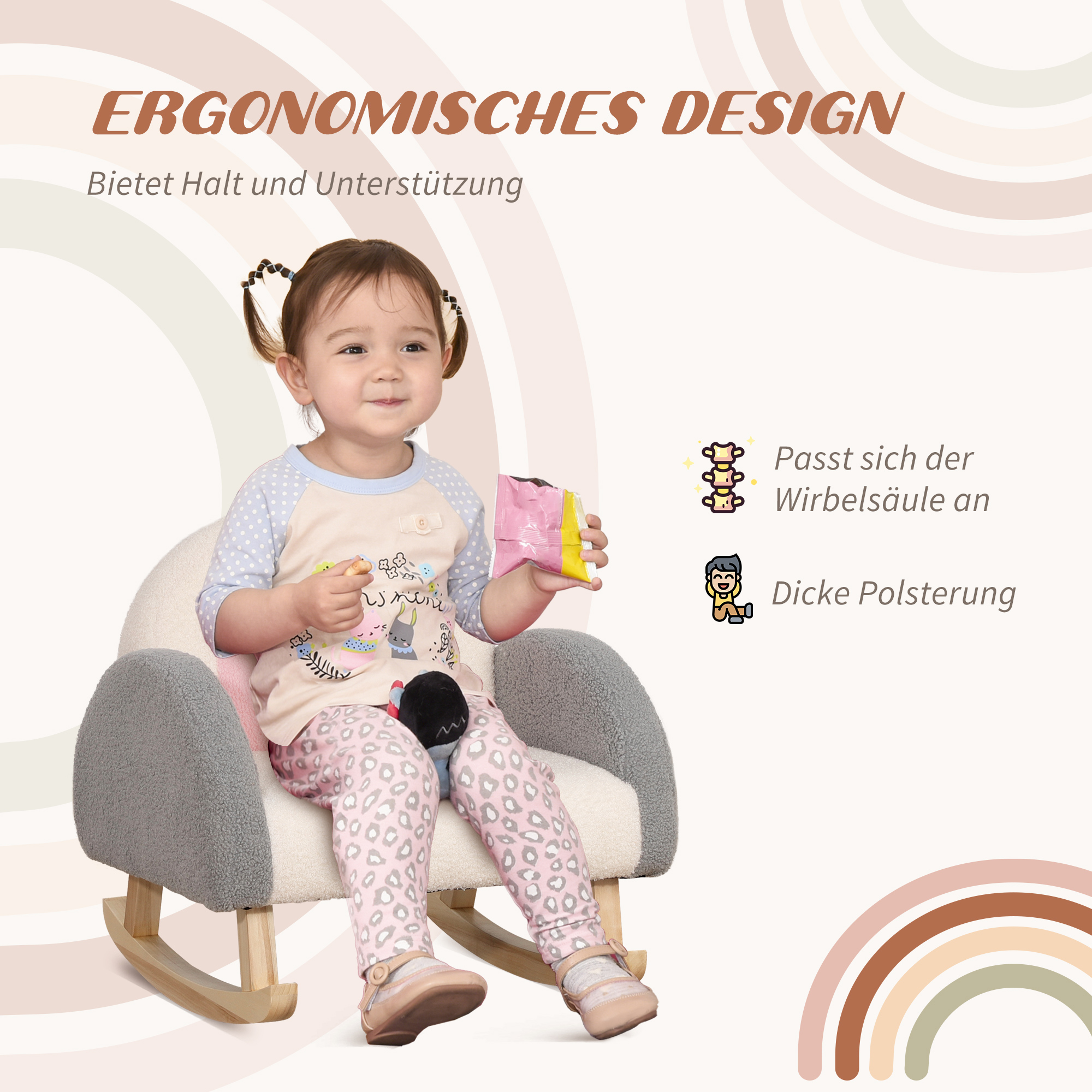 Schaukelstuhl für Kleinkinder, niedliches Design, Schaffell-Imitat, Eukalyptusholz, 50 x 45 x 44cm, grau+rosa+creme