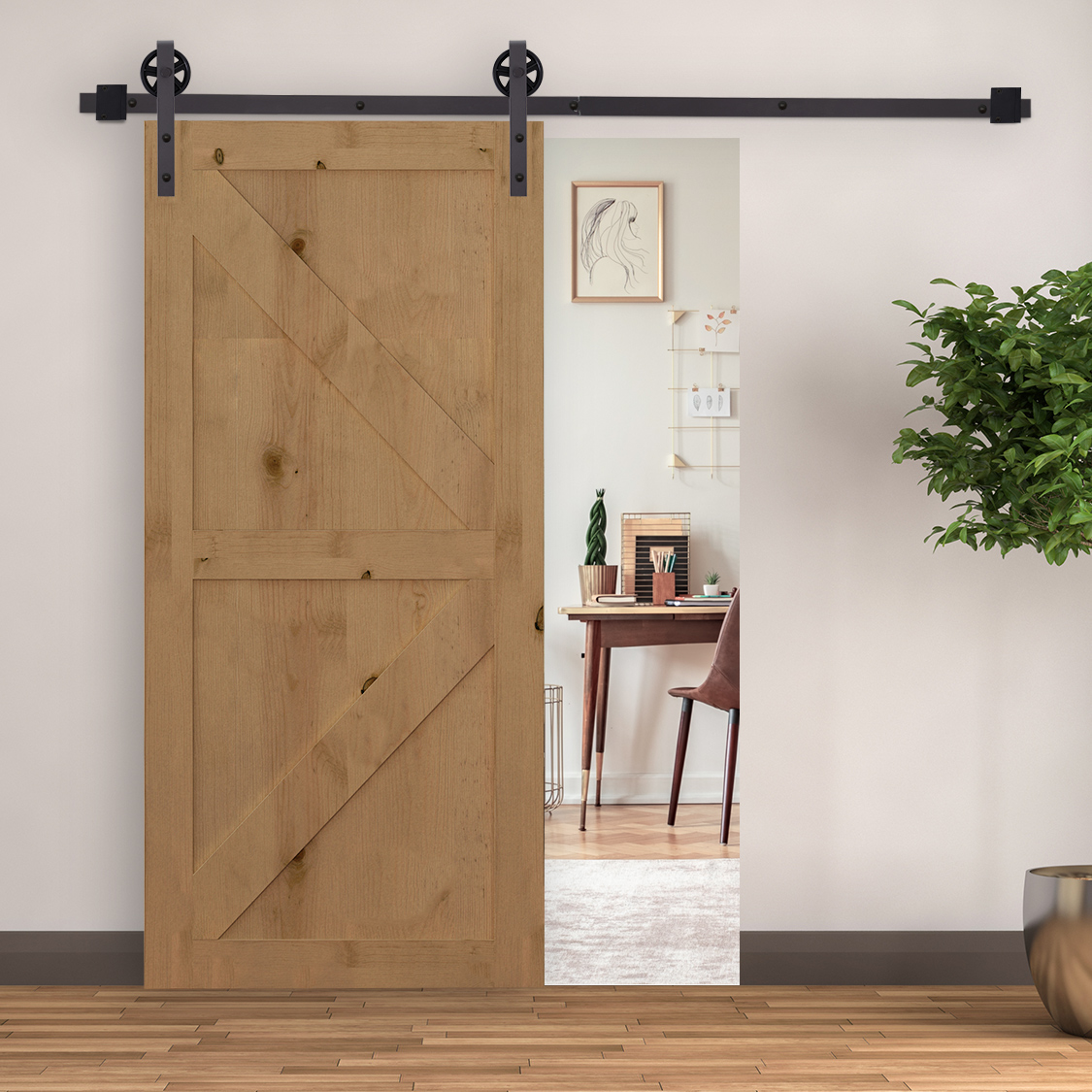 Gleitschienen-Bausatz für Schiebetür, inkl. Schienen, Rollen, Bodenstopper, 183 cm, bis 100 kg belastbar, Dunkelbraun