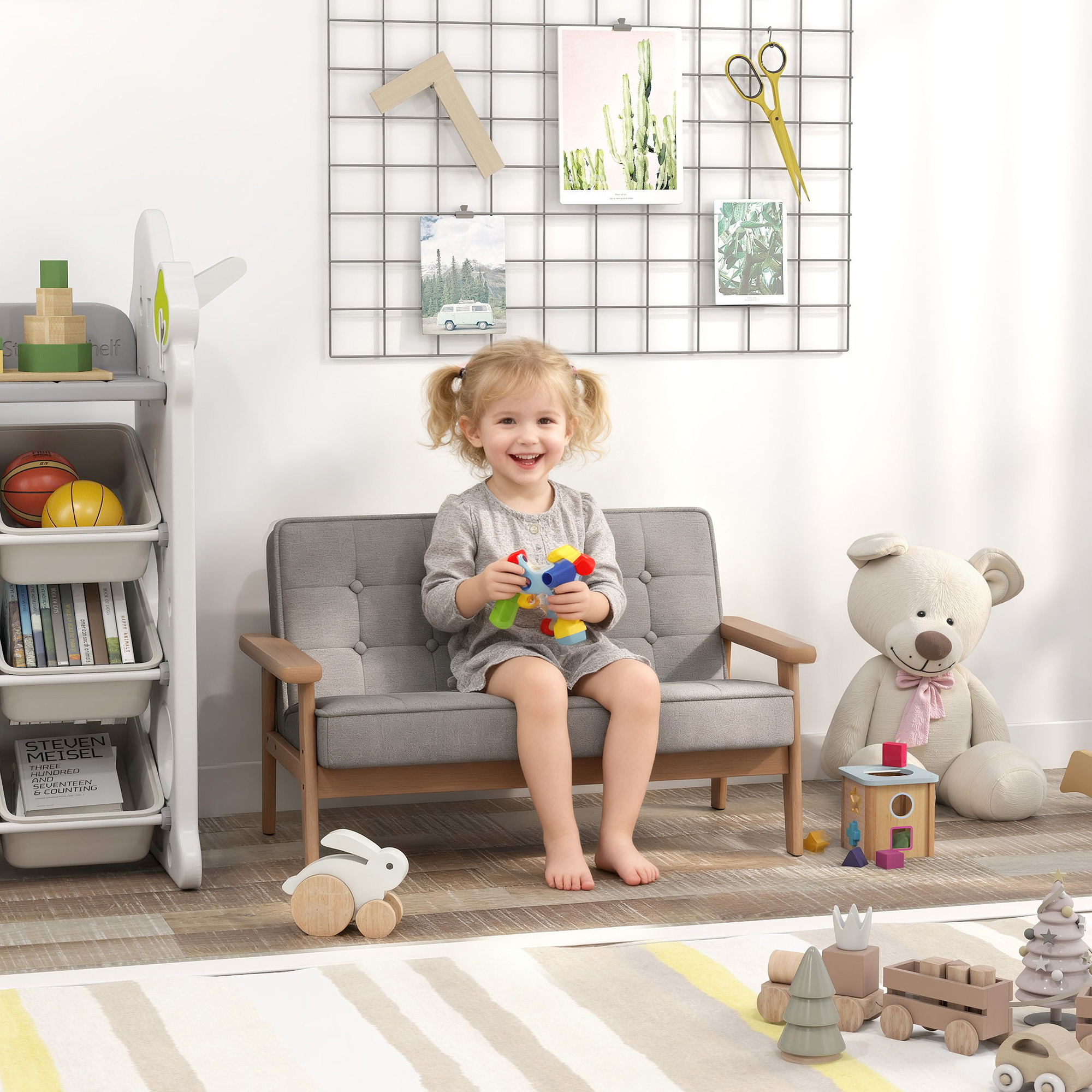 Kindersessel, Kindersofa mit Holzrahmen, Samtoptik, gepolstert, für Kinder von 3-15 Jahren Grau