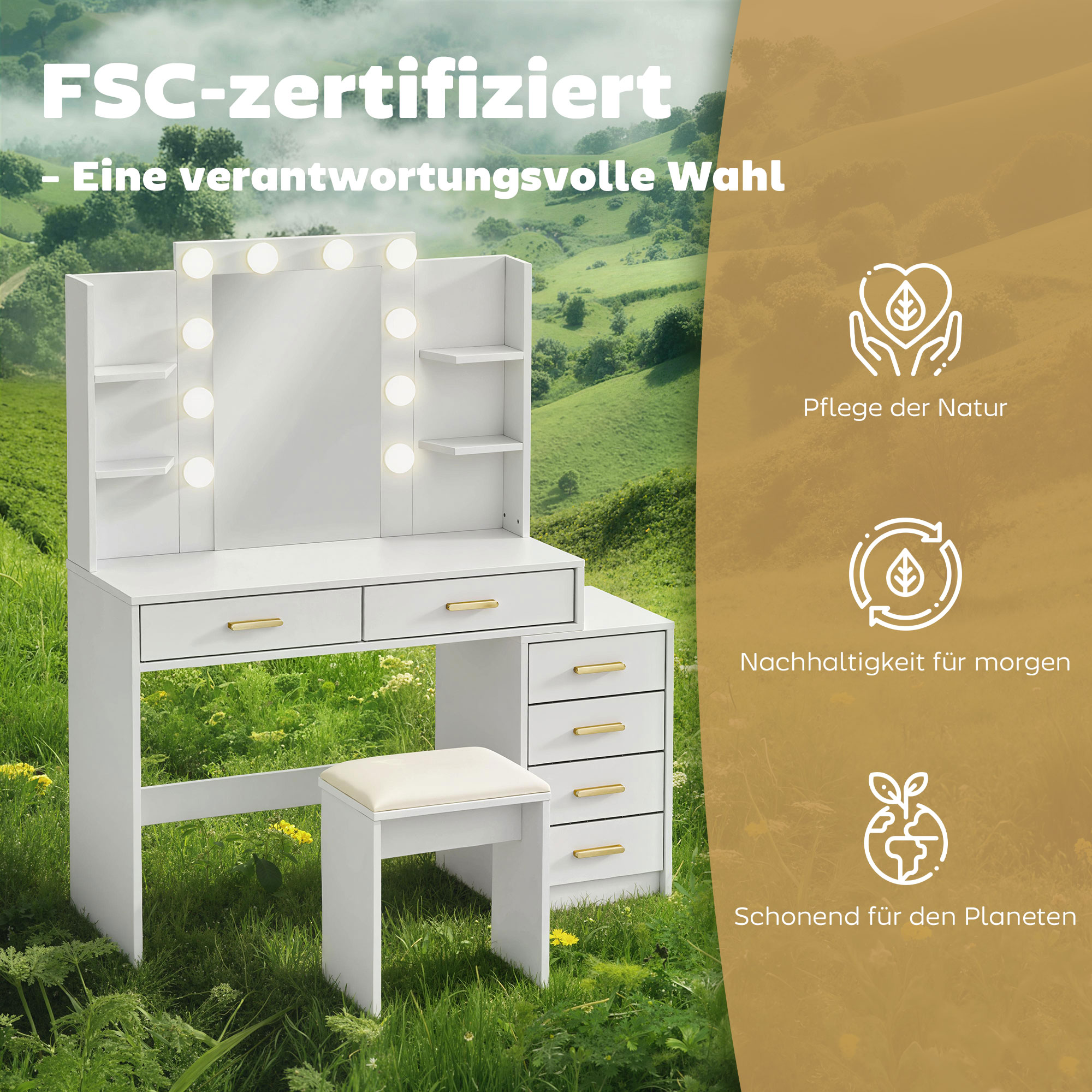 Schminktisch mit beleuchtetem Spiegel und gepolstertem Hocker, Schminkset mit 6 Schubladen und Ablagen, Weiß