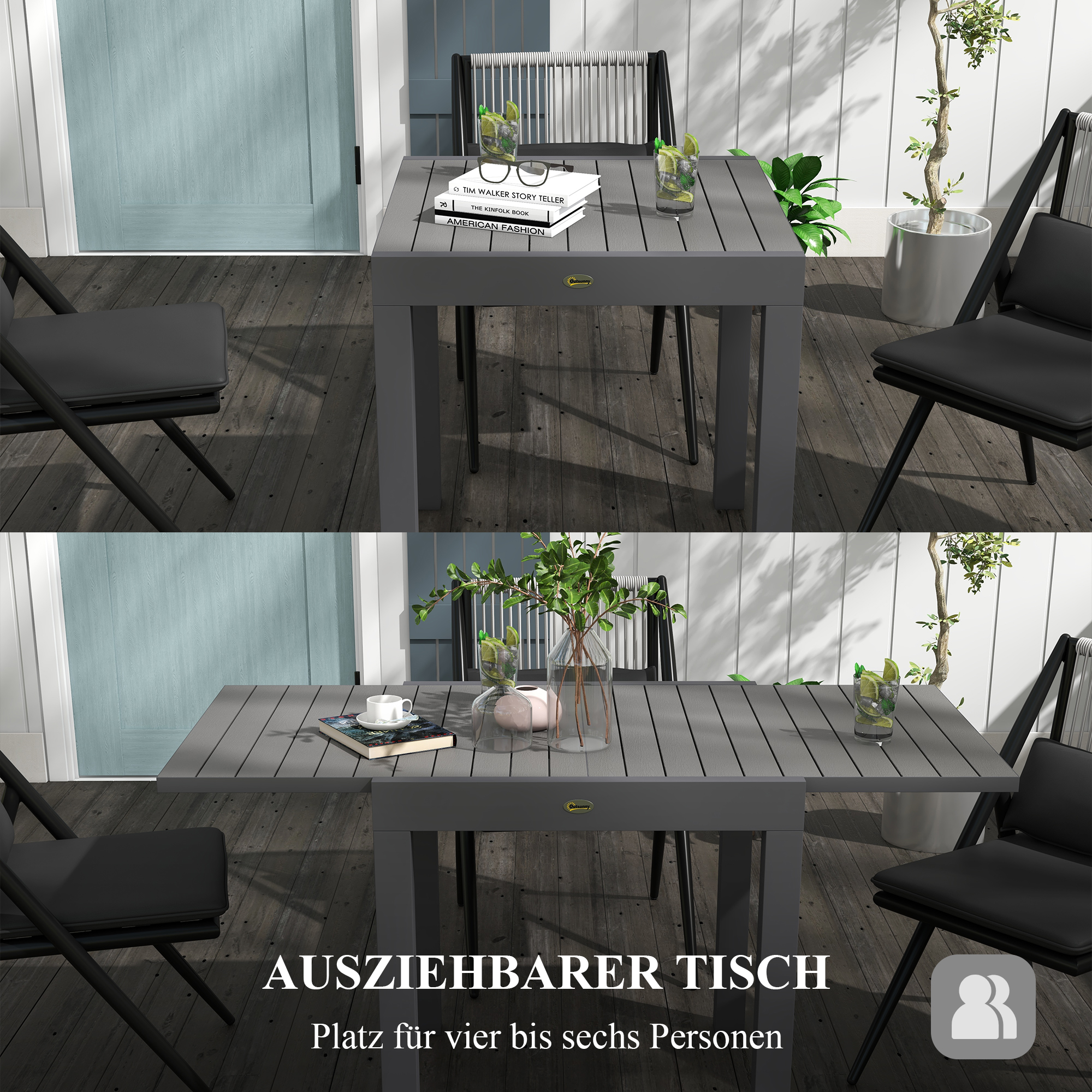 Gartentisch Outdoor-Tisch, wetterbeständig, 162 x 80 x 75 cm, Grau