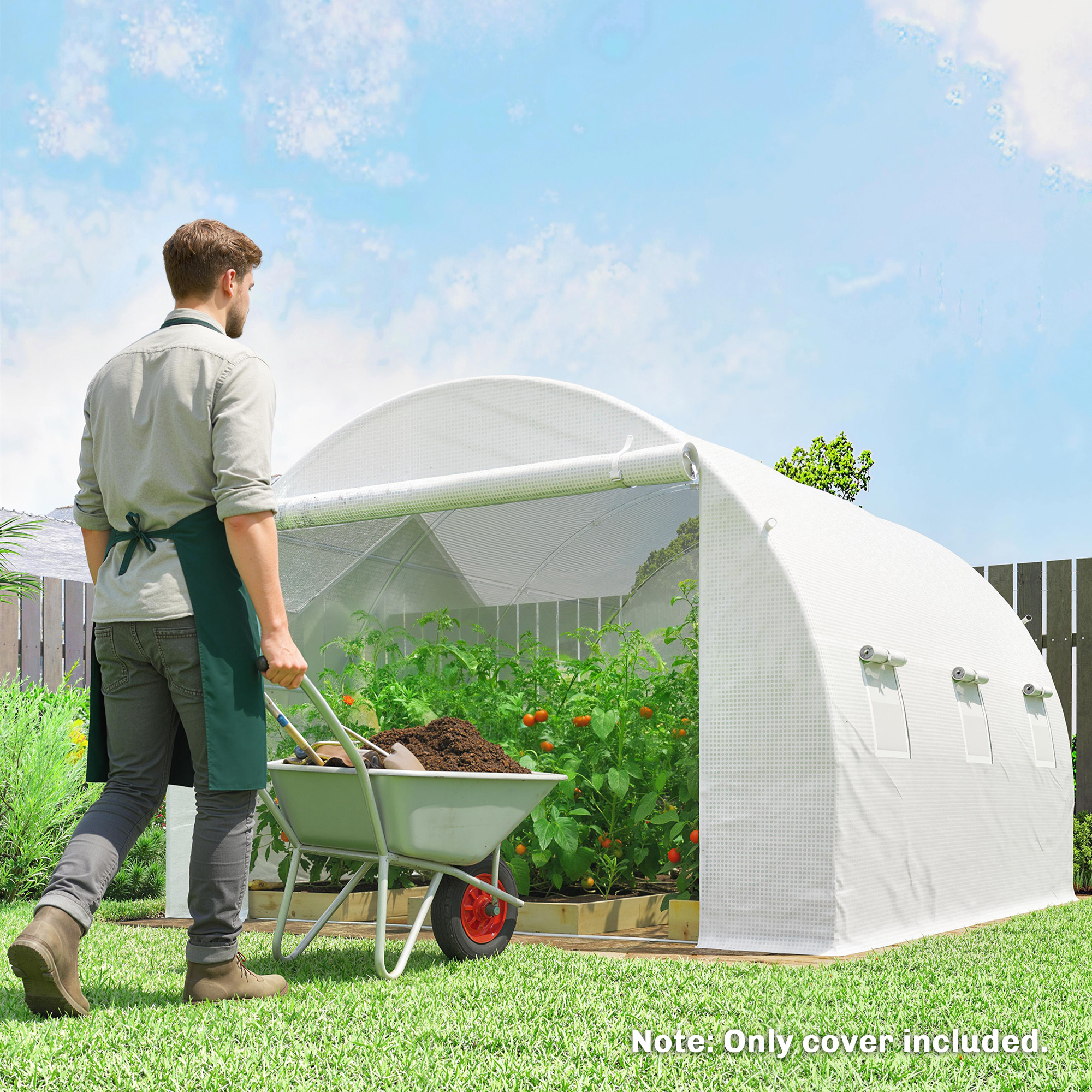 Gewächshausfolie 3 x 3 m, wasserdicht Polyethylenfolie mit Rolltür, 6 Fenster, UV Schutz Weiß