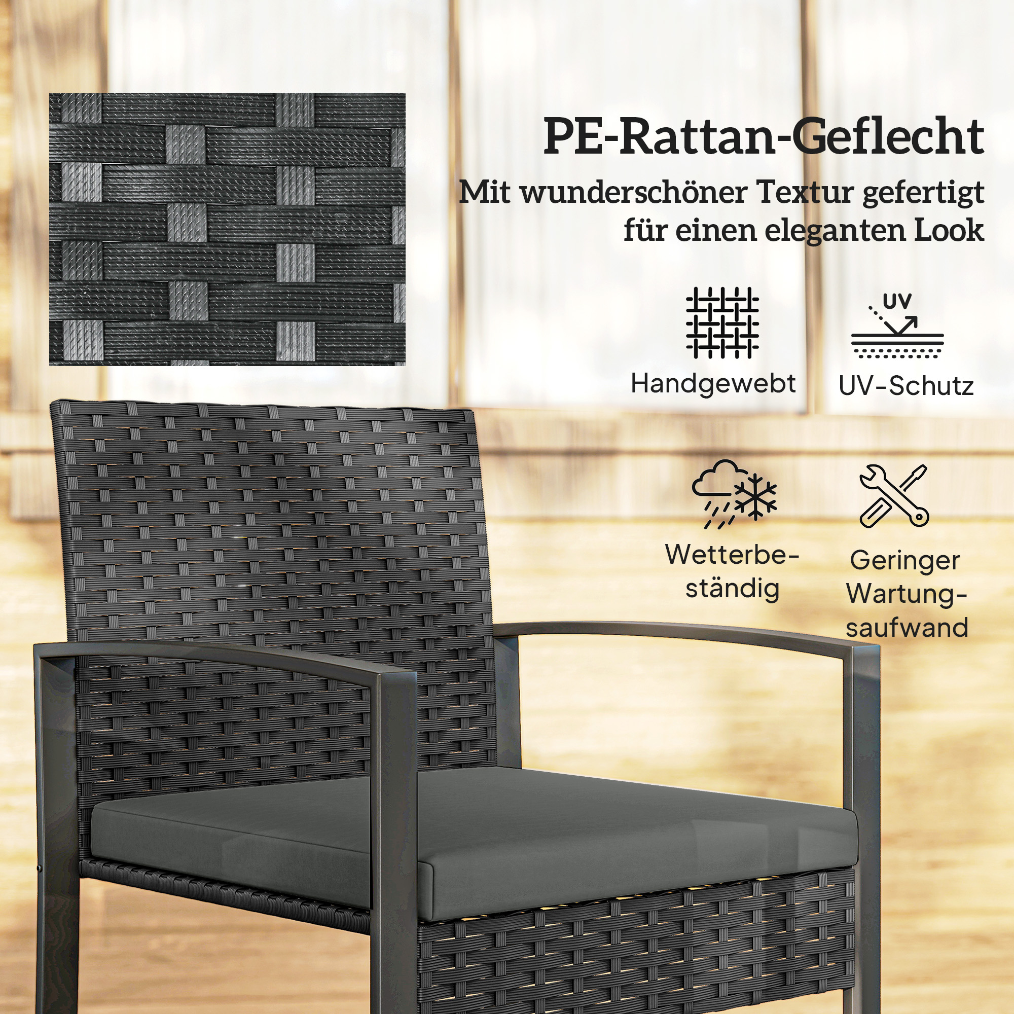Rattan Bistroset, 3 teiliges Gartenmöbel-Set mit 2 Gartenstühlen, Couchtisch, abnehmbar Kissen Dunkelgrau