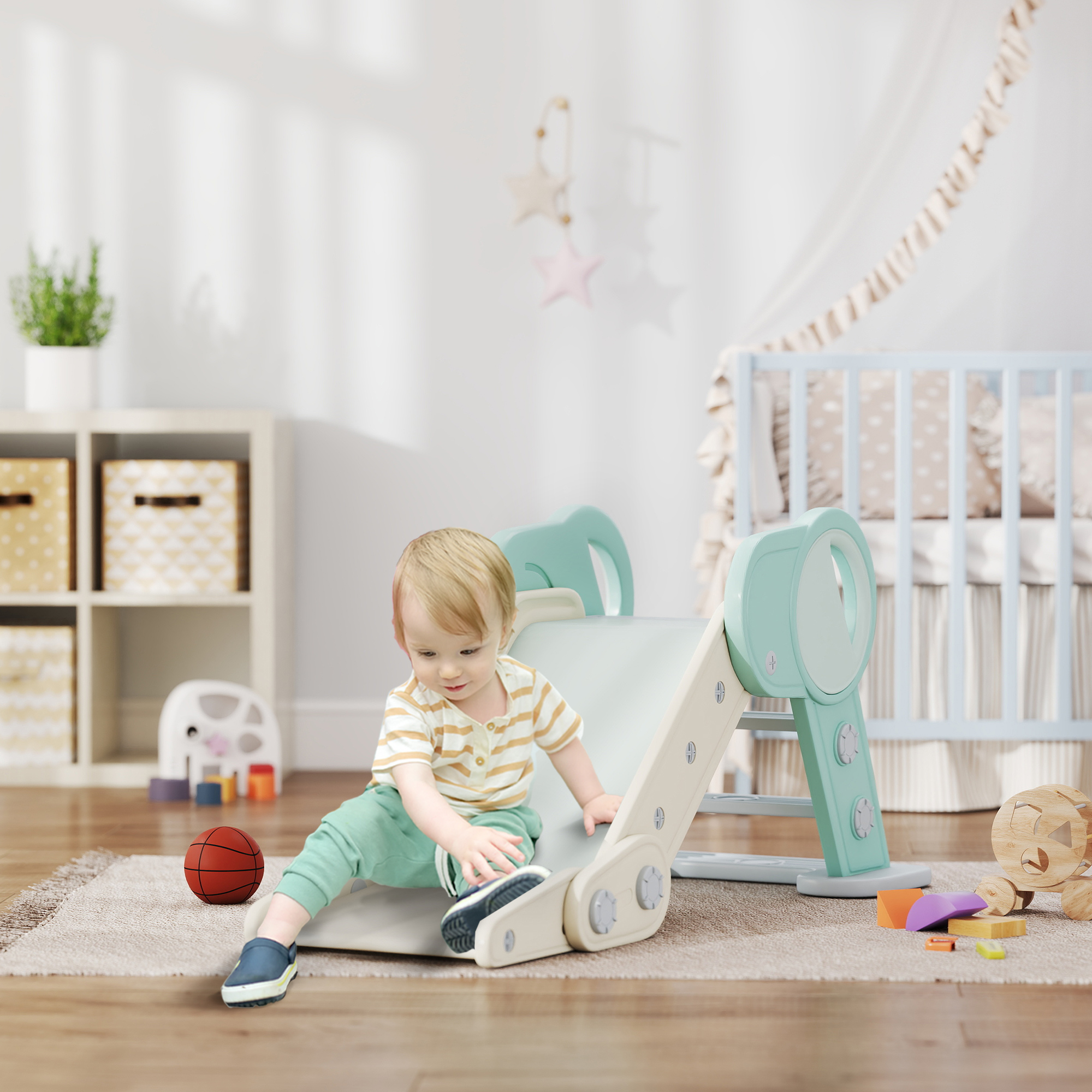 Rutsche für Kleinkinder, klappbar, Indoor, rutschfeste Stufen, erhöhter Sicherheitsrand, grün