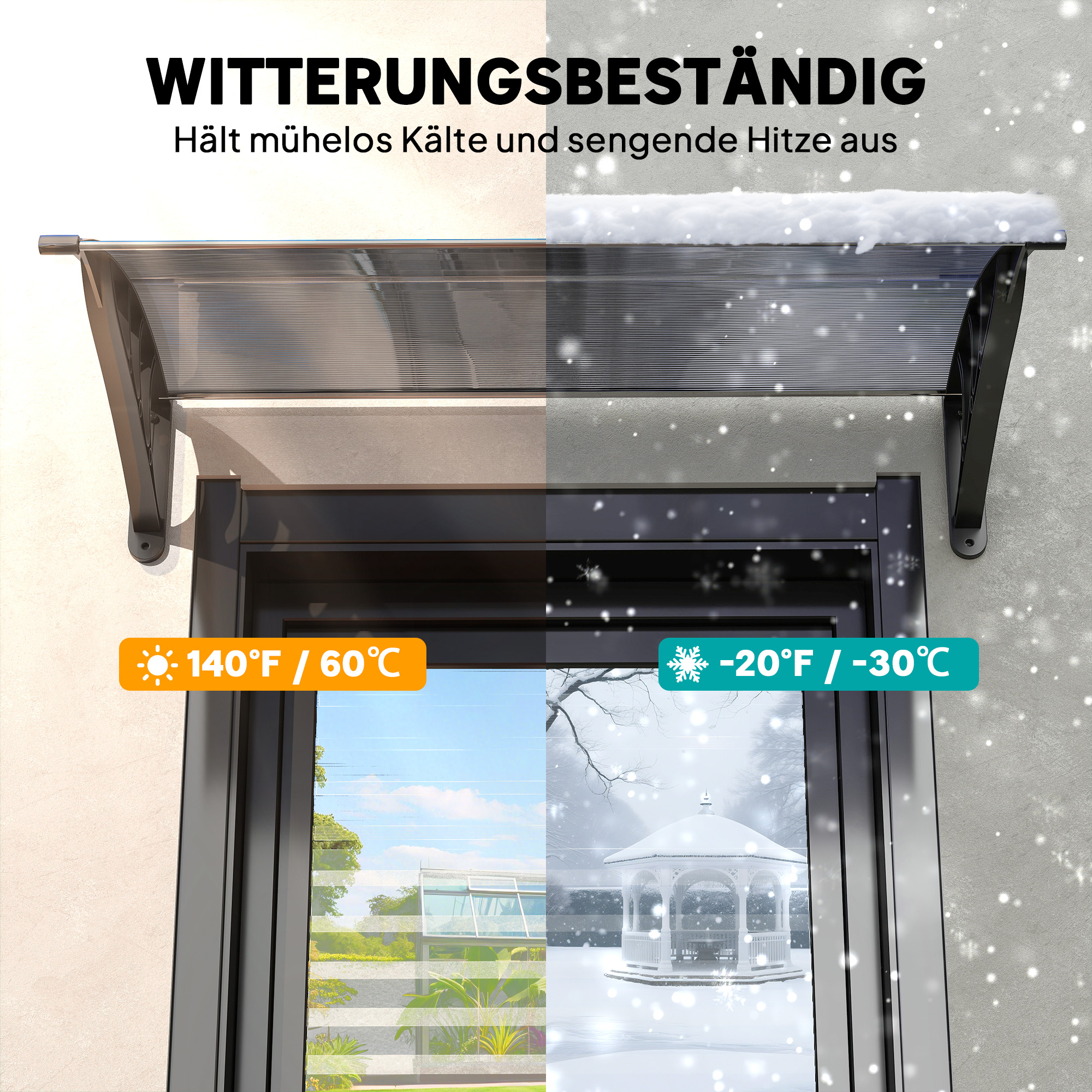Vordach, Haustürvordach, Überdachung für Eingänge und Fenster, 100L x 75B x 23H cm, Schwarz