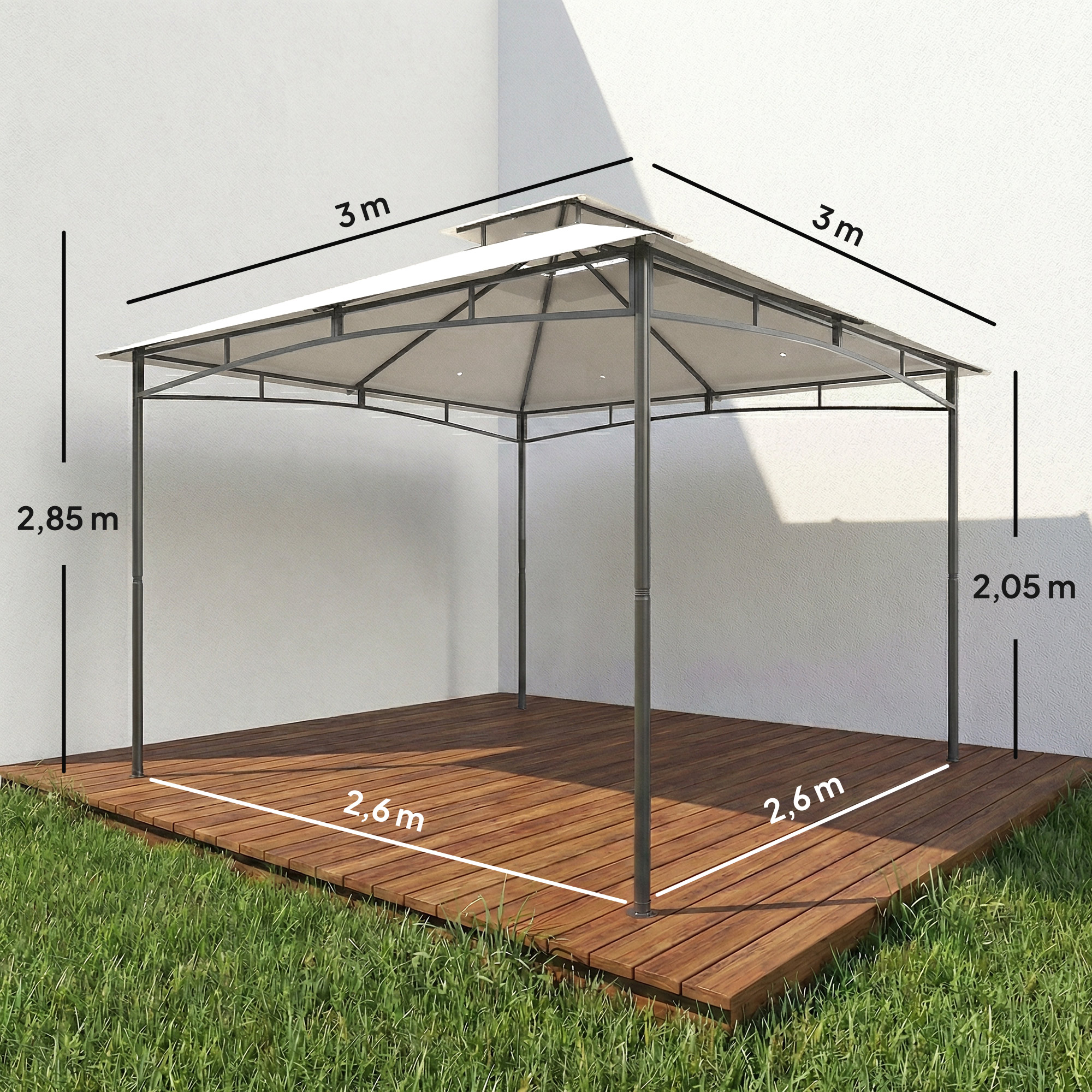 Pavillon 3x3m Wasserabweisend Stabil Winterfest Gartenpavillon mit zurückziehbar Obenrahmen Doppeldach Cremeweiß
