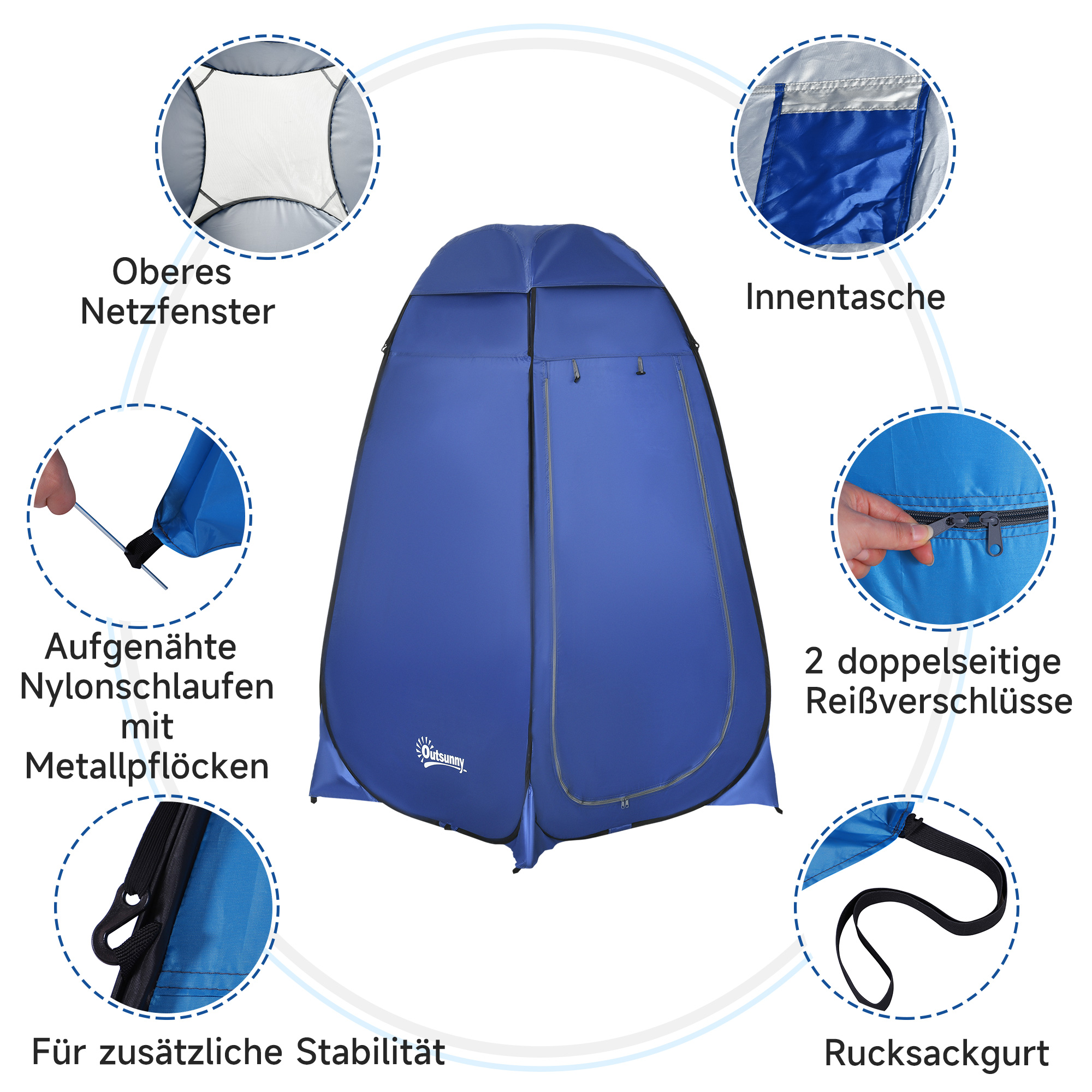Pop-up toilettent, mobiele campingdouchetent, omkleedtent met binnenvak, douchecabine, kleedcabine, waterproof, polyester, donkerblauw, 120 x 120 x 190 cm