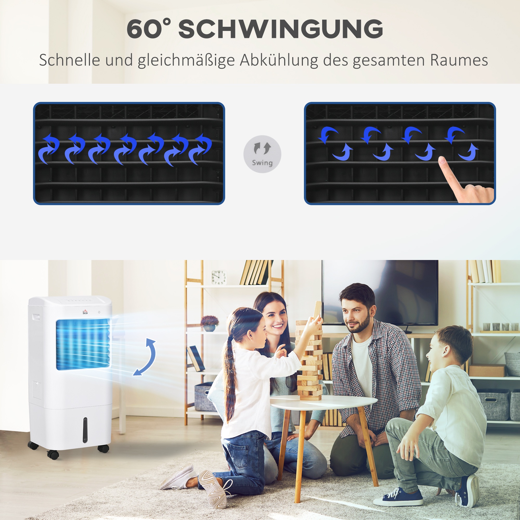 Luftkühler, Klimaanlage, 3 Modi, 7,5 Stunden-Timer, rollbar, Kunststoff, Weiß