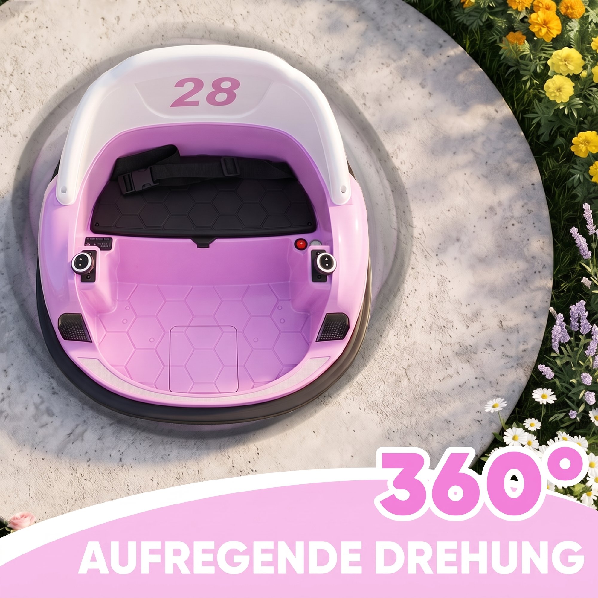 Autoscooter, 360° Rotation, 2 km/h Geschwindigkeit, Sicherheitsgurt, LED-Lichter, Musik und Hupe, Rosa